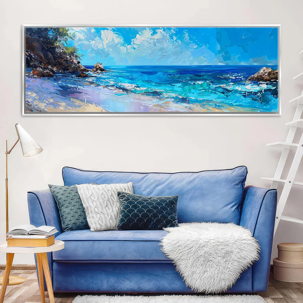 Coastal Wall Art - Large Framed Canvas With Blue Ocean Panorama, Ready to Hang