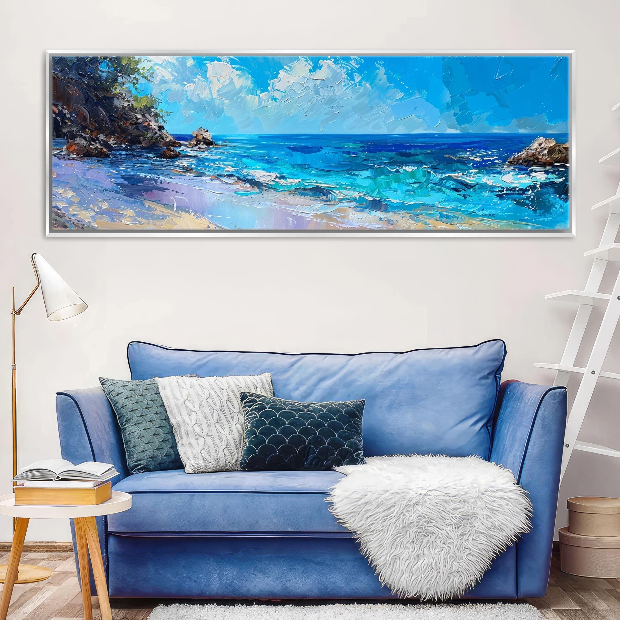 Coastal Wall Art - Large Framed Canvas With Blue Ocean Panorama, Ready to Hang
