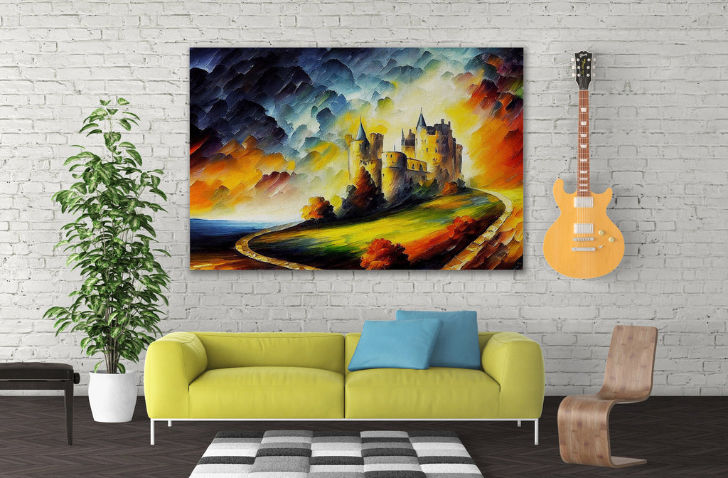 Castle Canvas Wall Art – Fantasy Oil Painting with Vibrant Colorful Decor