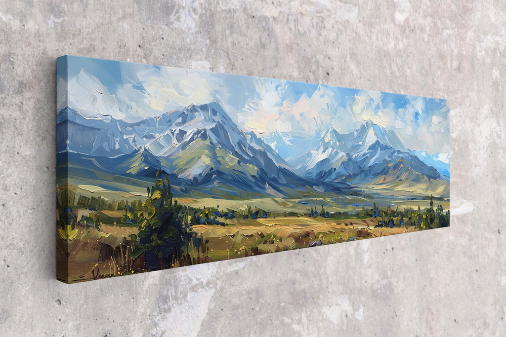 The image is a painting of a mountainous landscape with snow-capped peaks, lush green forests, and a blue sky with clouds.