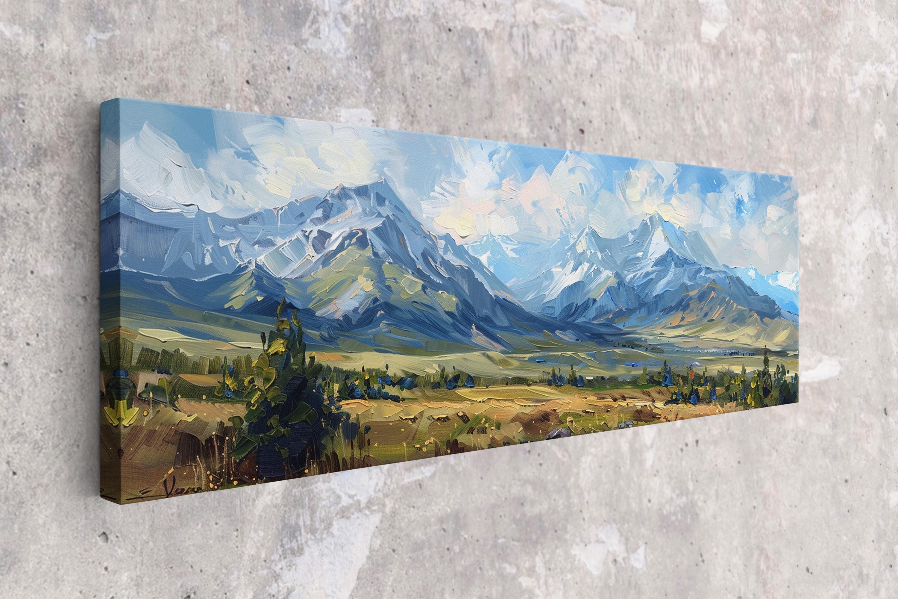 The image is a painting of a mountainous landscape with snow-capped peaks, lush green forests, and a blue sky with clouds.