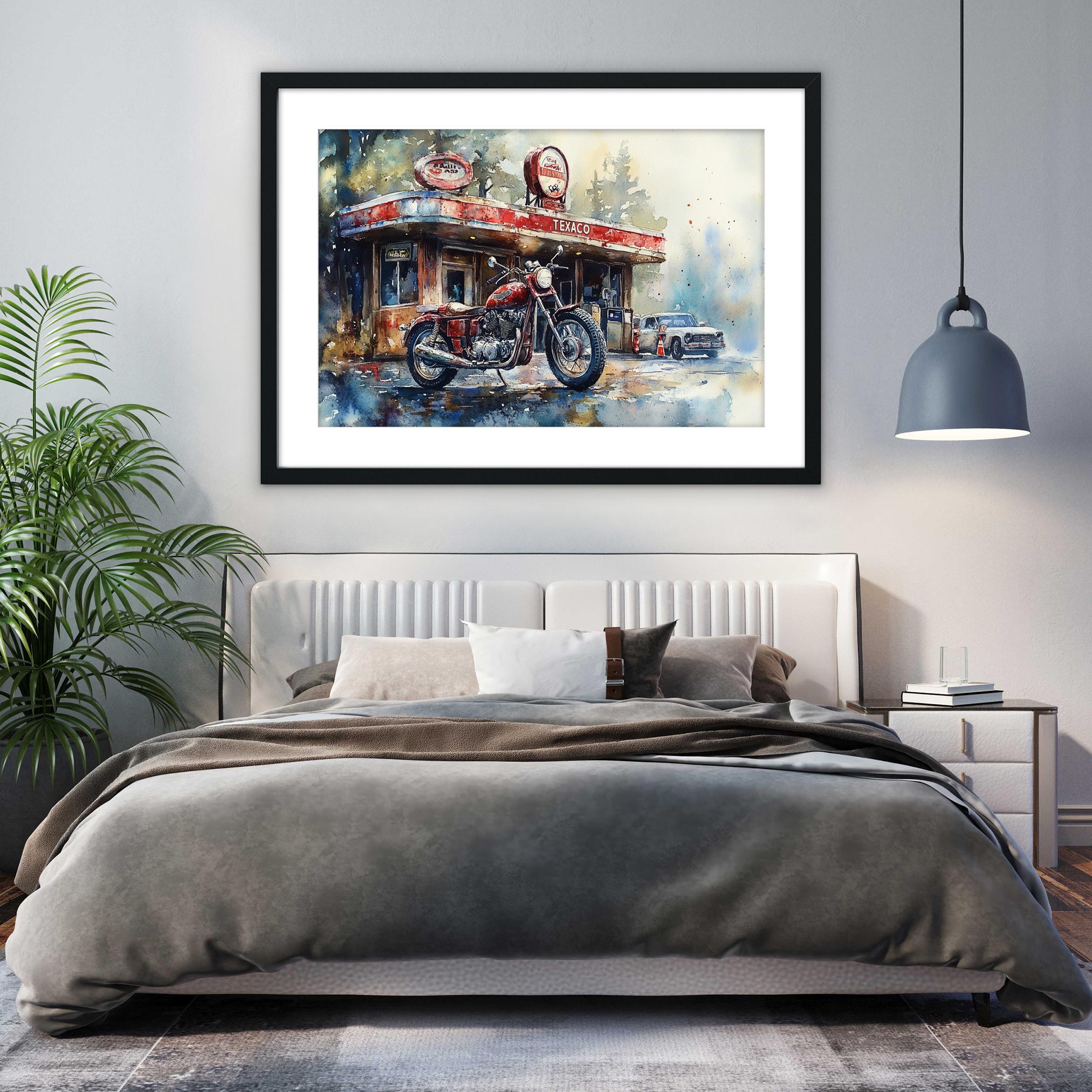 a bedroom with a large bed, a framed painting of a motorcycle and a gas station above it, and a potted plant to the left.