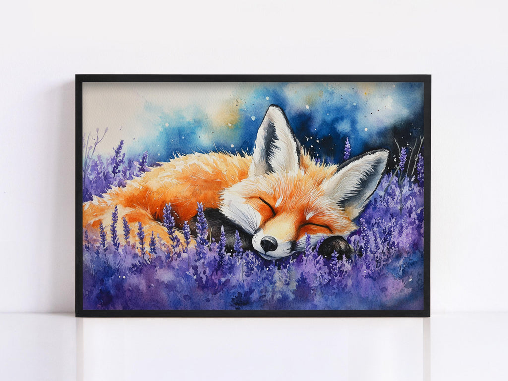 A framed painting depicting a sleeping fox in a field of purple flowers.