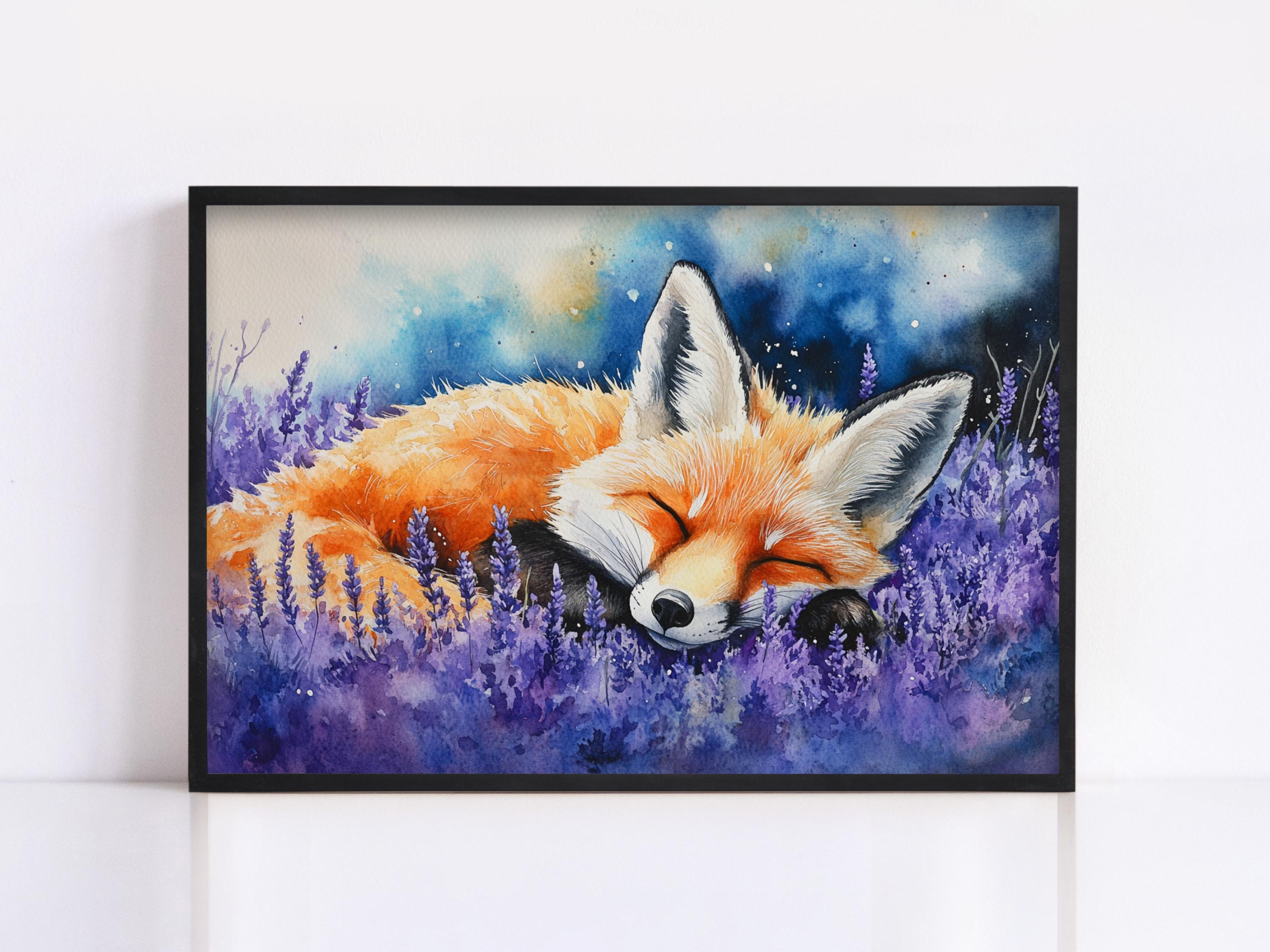 A framed painting depicting a sleeping fox in a field of purple flowers.