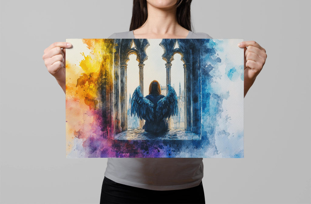 A woman holds up a colorful painting depicting a winged figure sitting in a window frame, with a castle visible in the background.