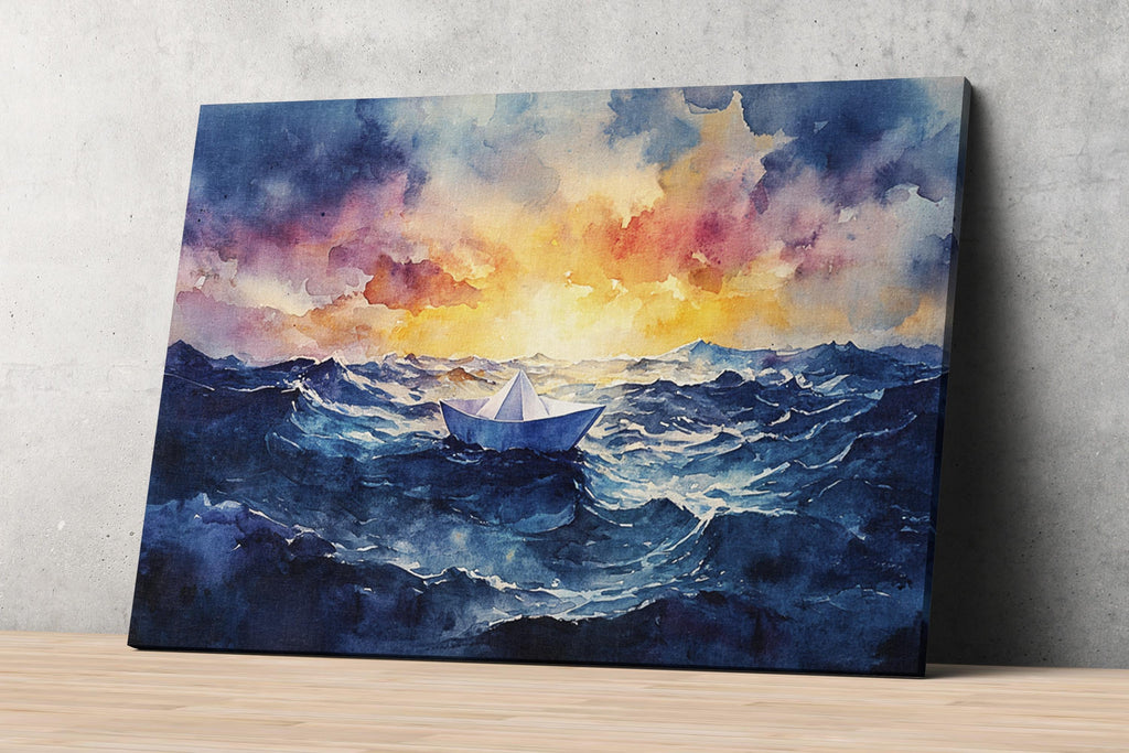 a small boat sailing on a stormy sea, with a dramatic sky filled with clouds and a bright sun shining through.