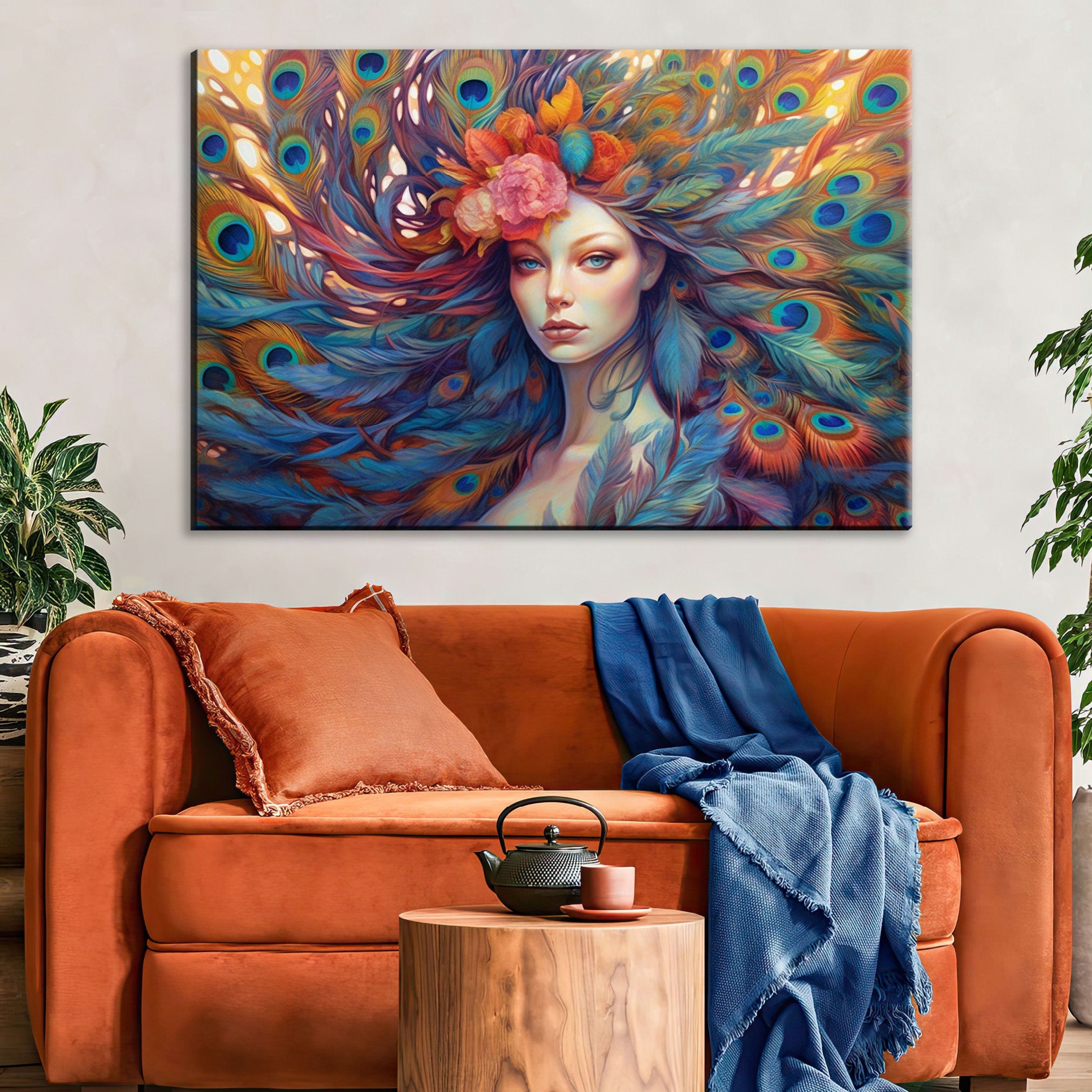 Peacock Feather Canvas | Large Canvas Print of Female Portrait Art with Vibrant Color