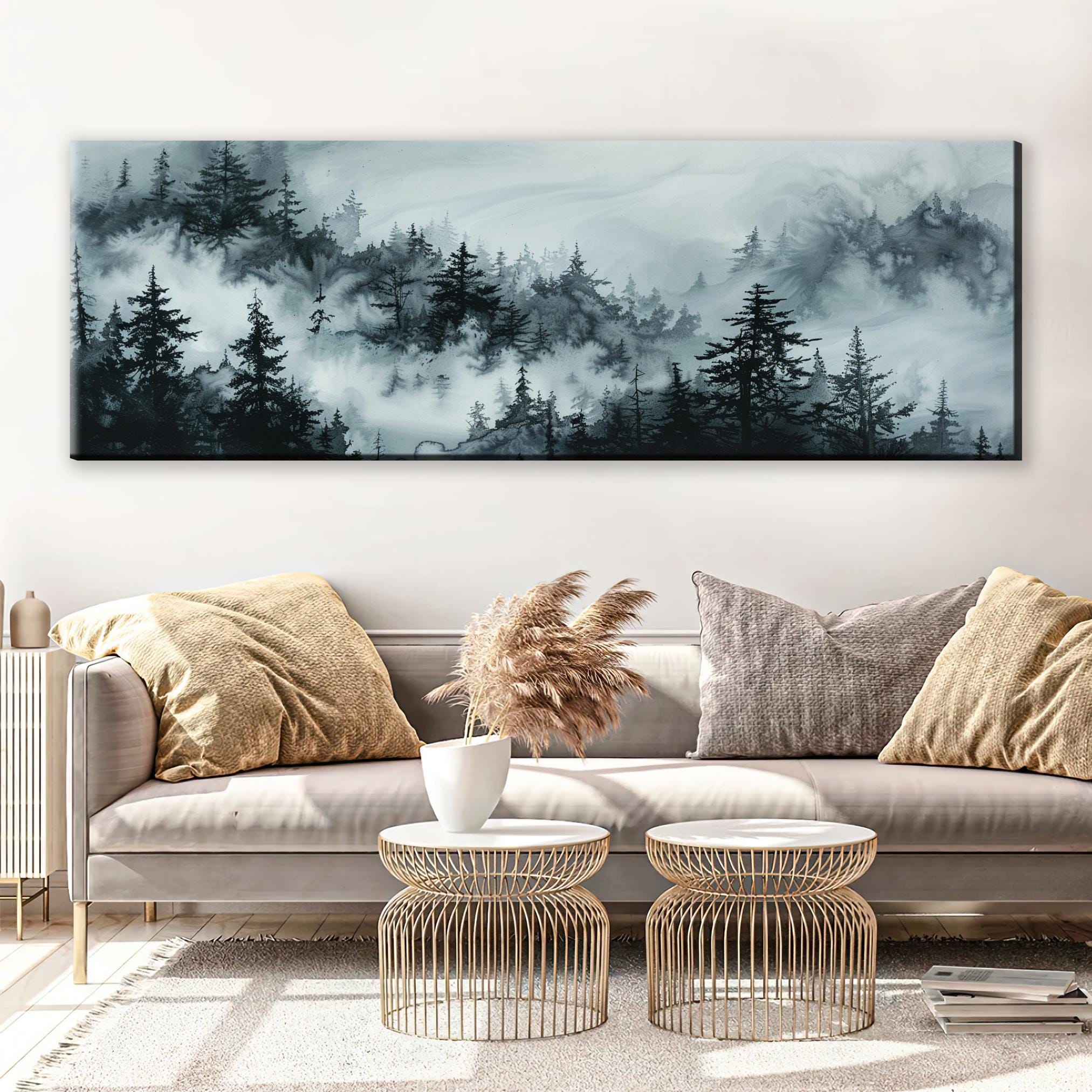 a living room filled with furniture and a painting on the wall