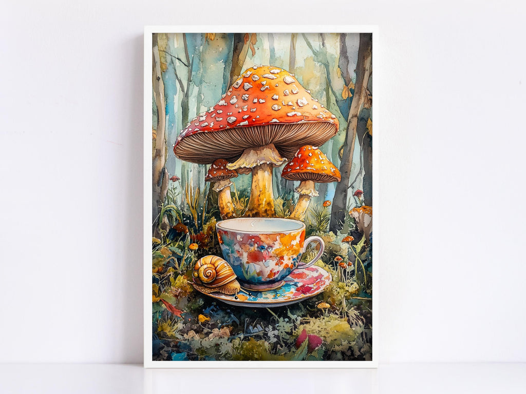 A whimsical painting depicting a cup of tea surrounded by a variety of mushrooms in a forest setting.