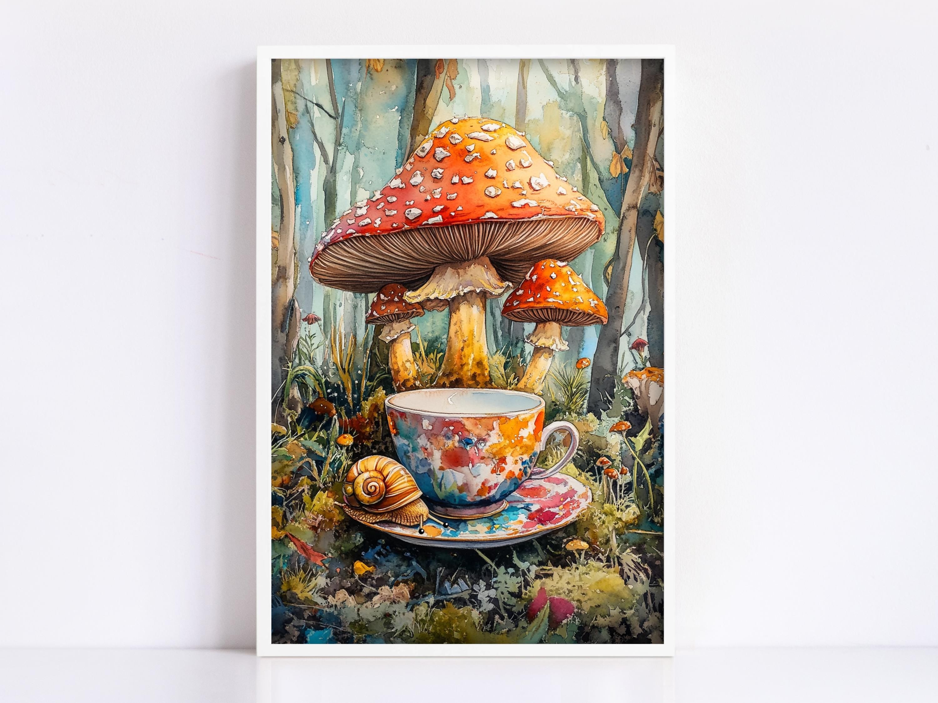 A whimsical painting depicting a cup of tea surrounded by a variety of mushrooms in a forest setting.