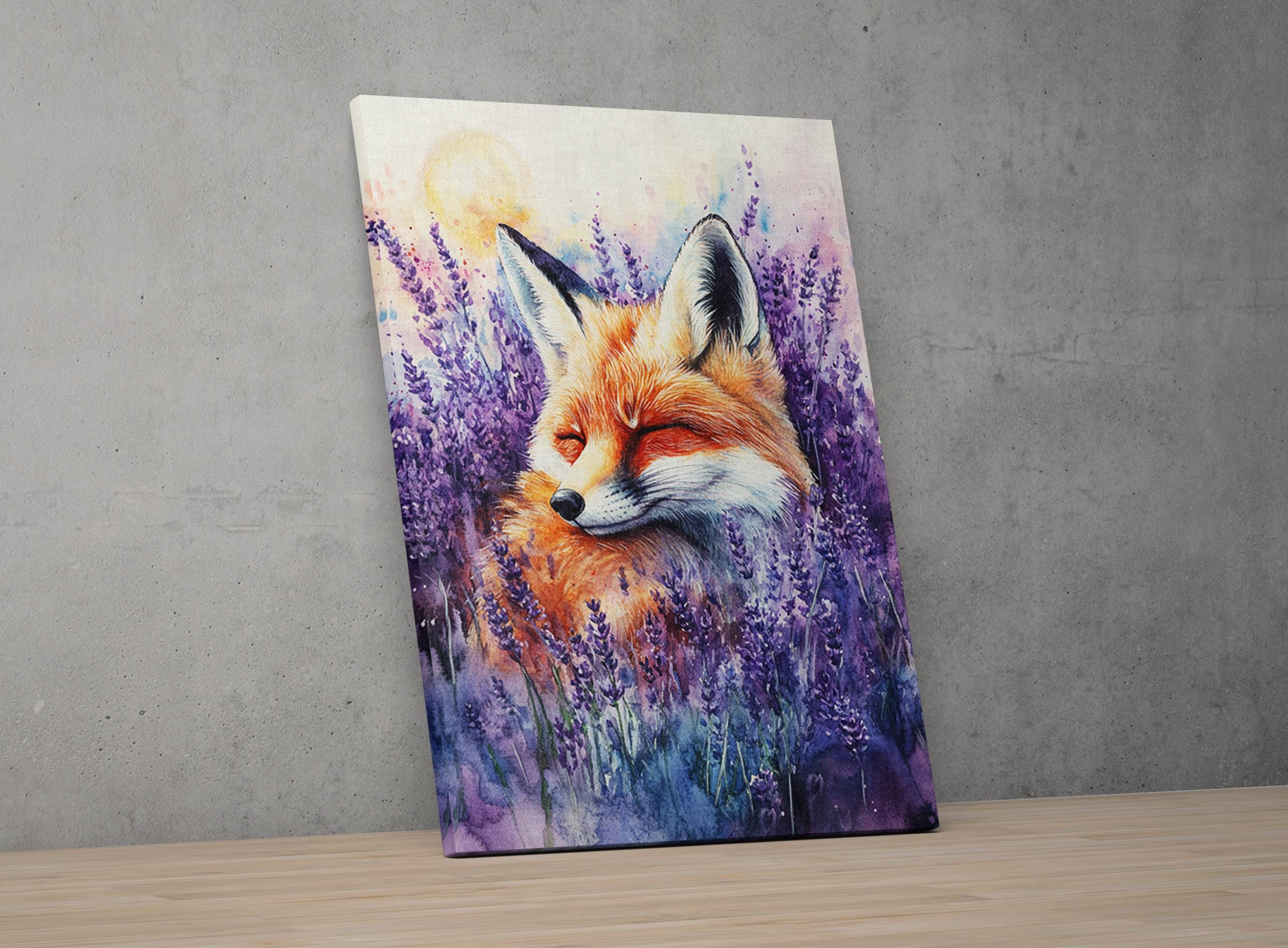 The image is a painting of a fox surrounded by purple flowers, with a sun in the background.