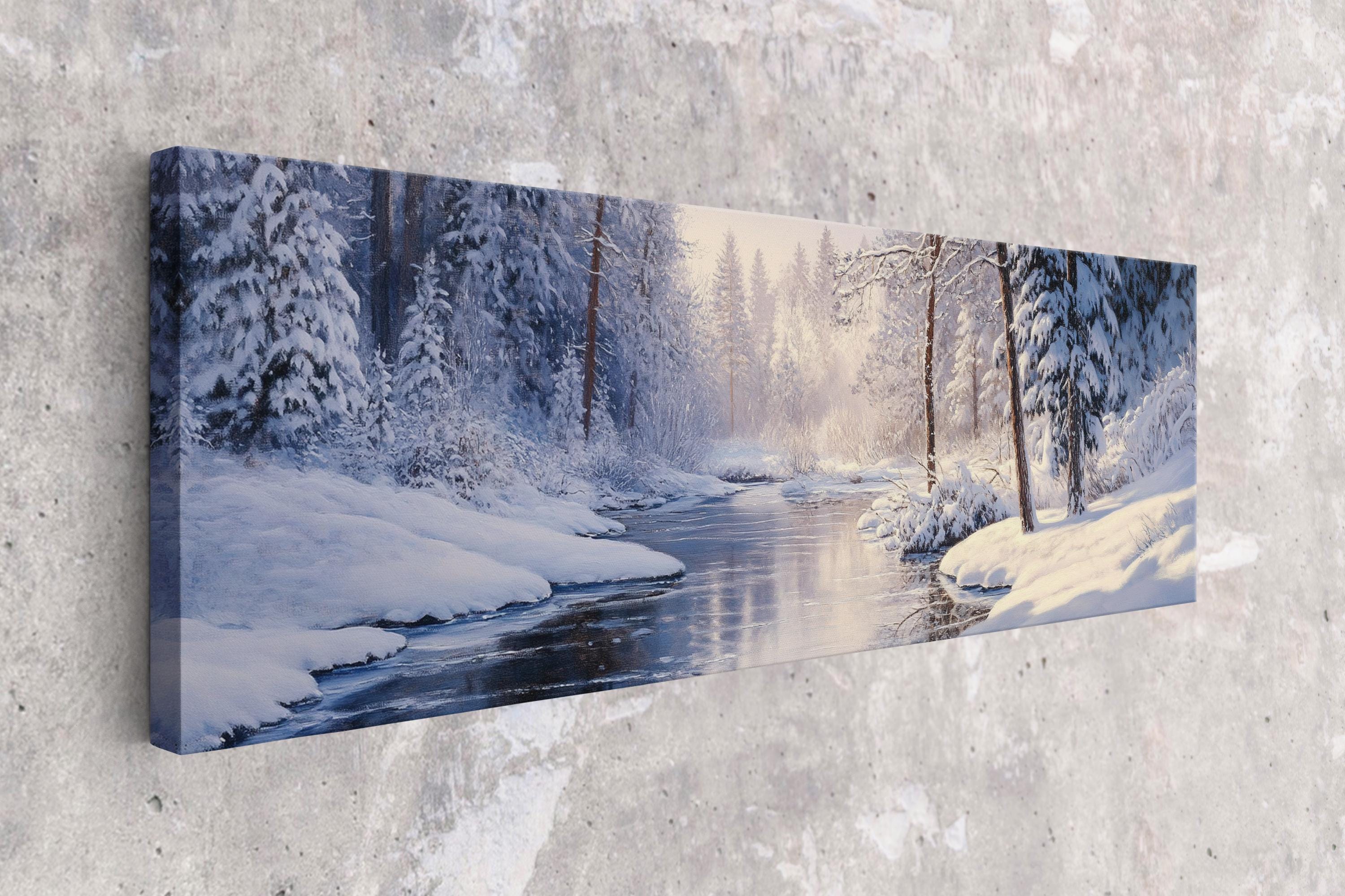 a painting of a river in a snowy forest