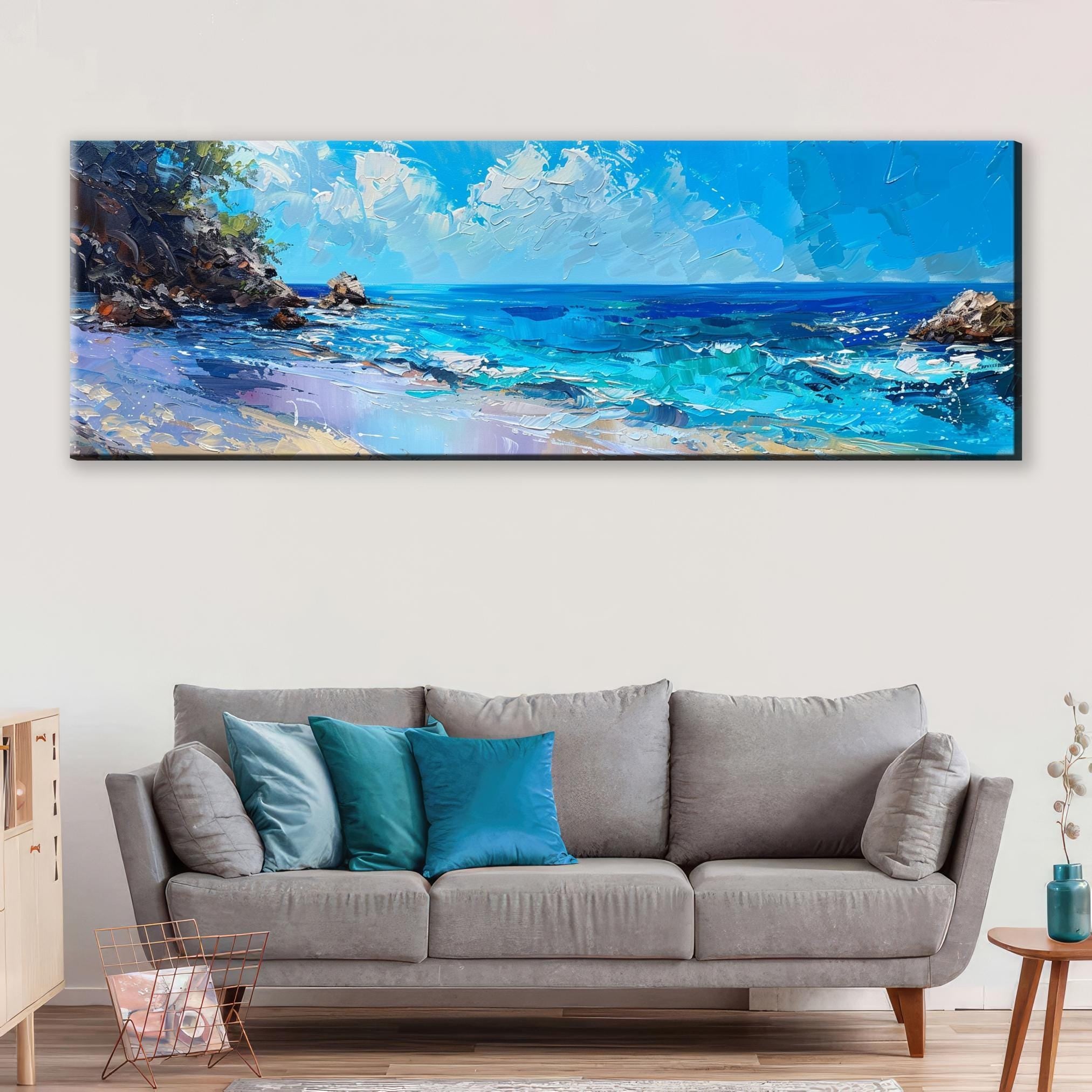 Coastal Wall Art - Large Framed Canvas With Blue Ocean Panorama, Ready to Hang