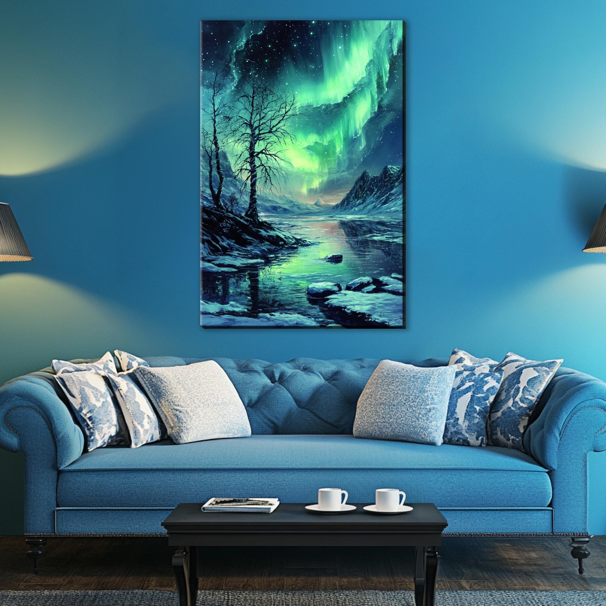 a living room with a blue couch and a painting on the wall