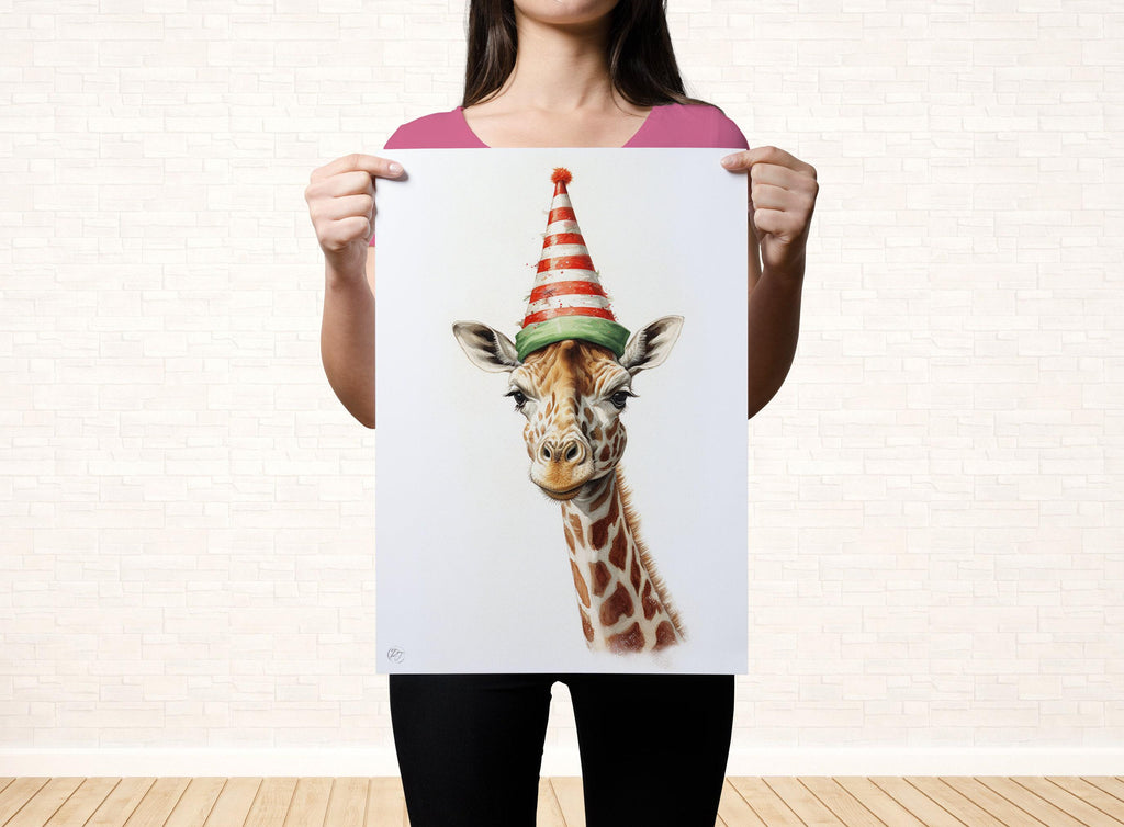Christmas Safari - Watercolor Giraffe with Santa Hat, Giclee Print on Canvas, Artist Paper, Watercolor Paper, Available in Extra Large Sizes