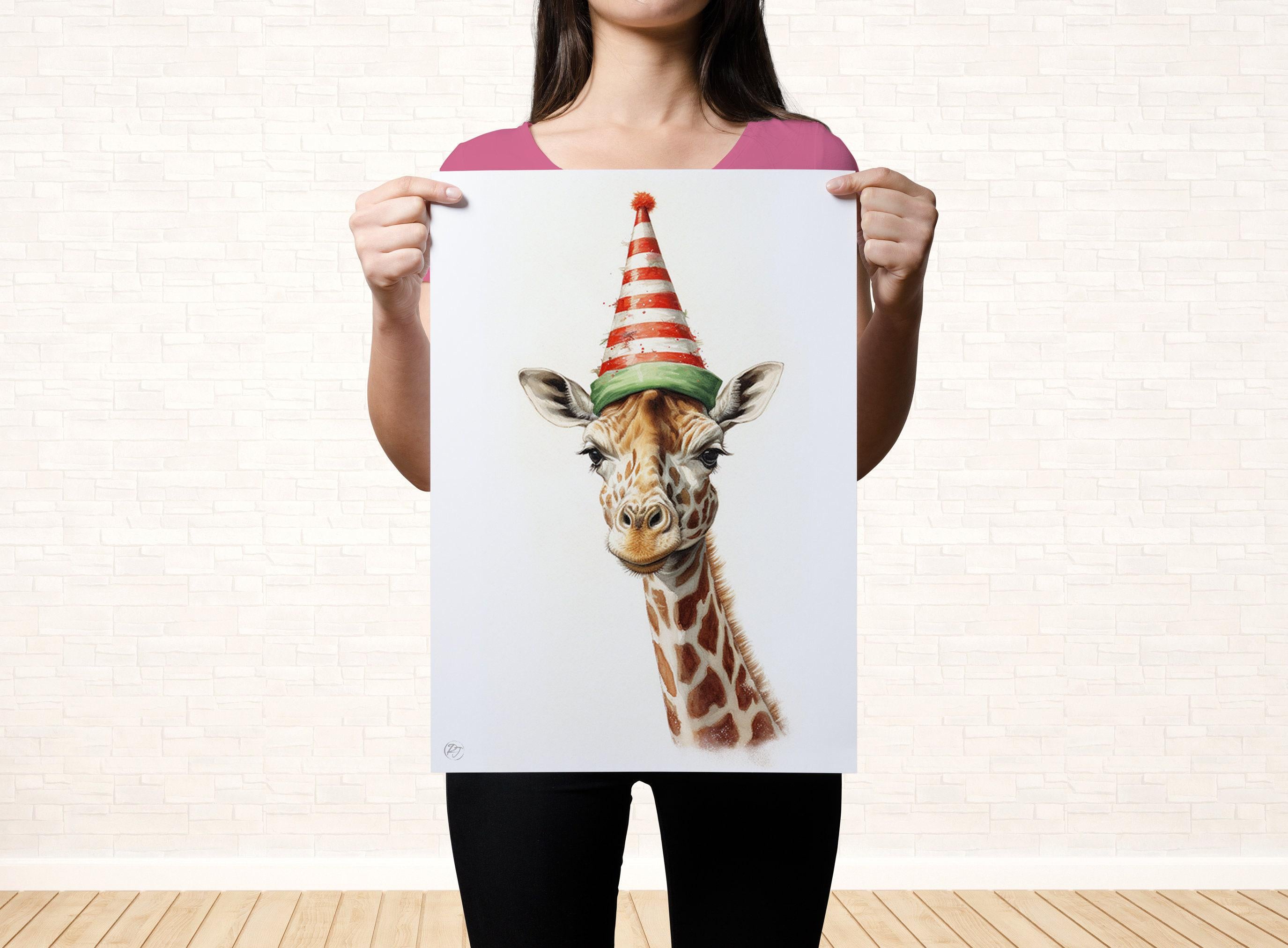 Christmas Safari - Watercolor Giraffe with Santa Hat, Giclee Print on Canvas, Artist Paper, Watercolor Paper, Available in Extra Large Sizes