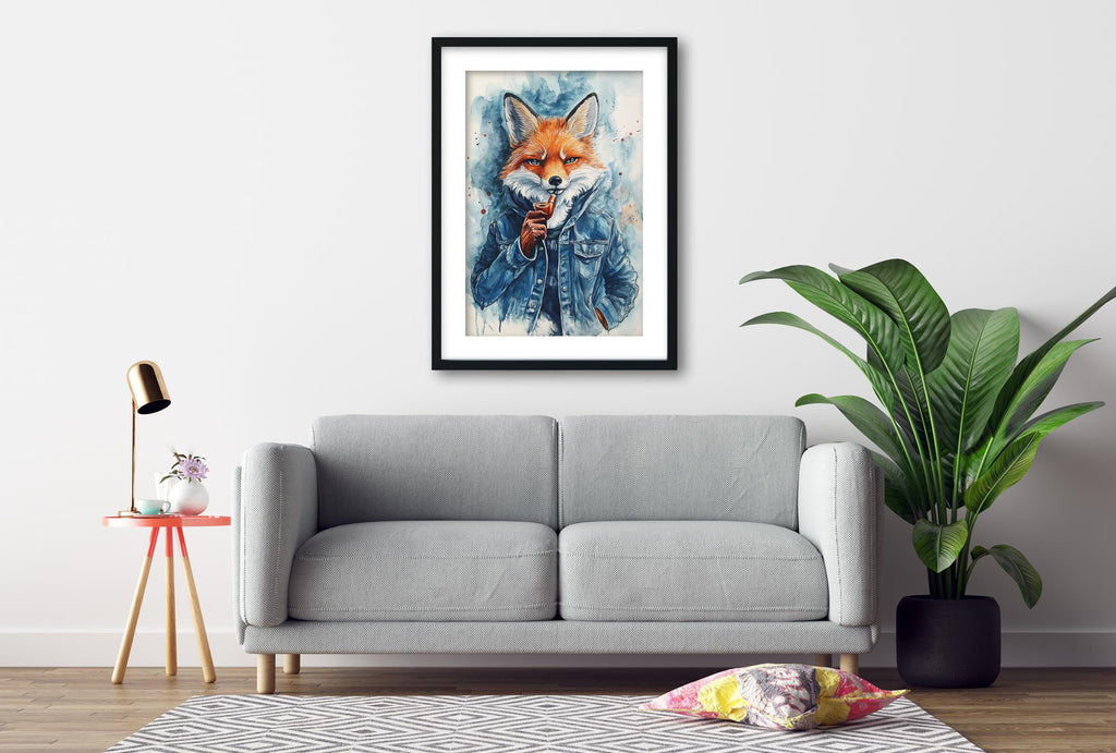 a gray sofa, a framed painting of a fox, a small table with a lamp, and a potted plant, all arranged in a living room setting.