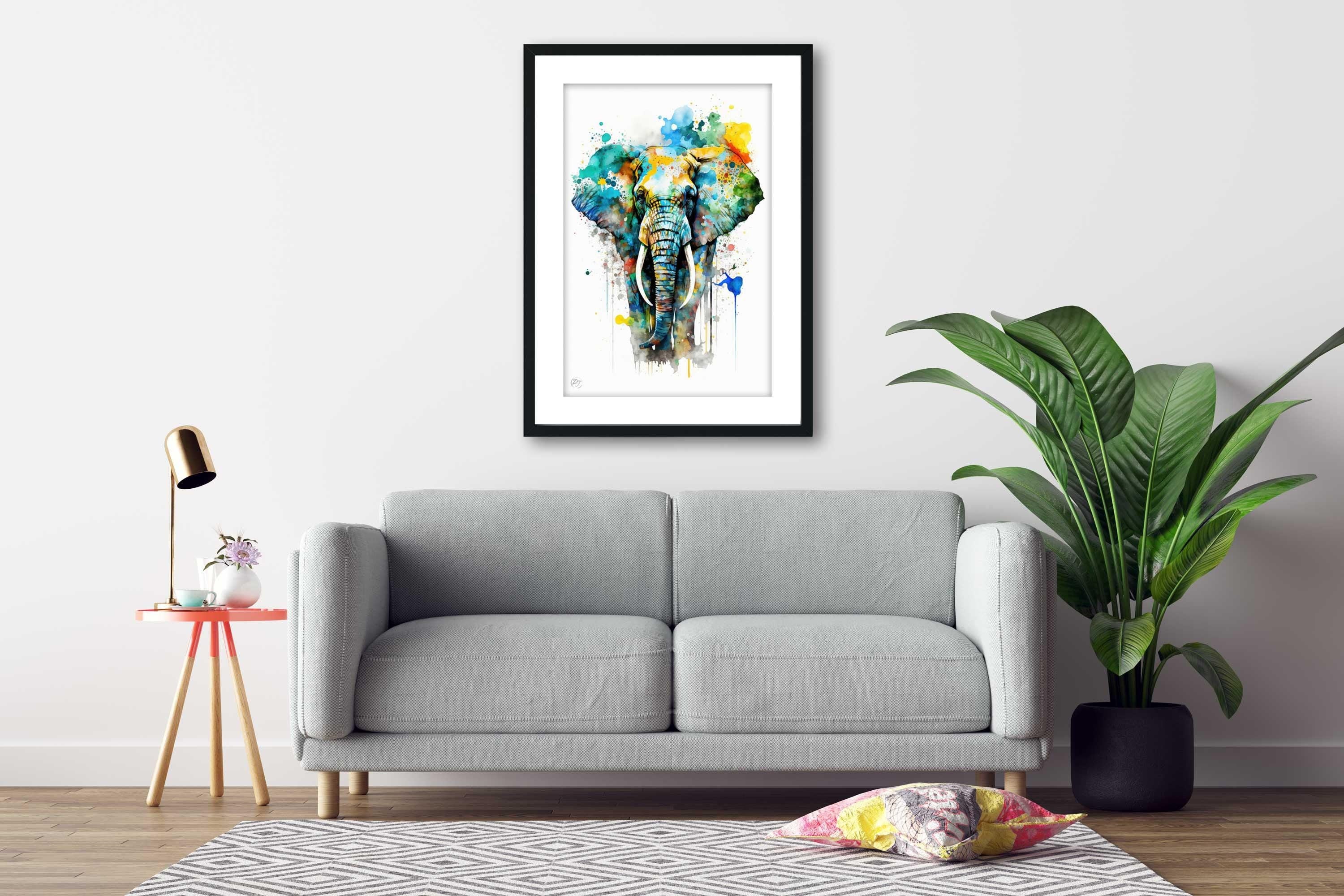 Elephant Watercolor Art Print, Nursery Animal Canvas Print, Cute Elephant Decor, Colorful Framed Kids Wall Art