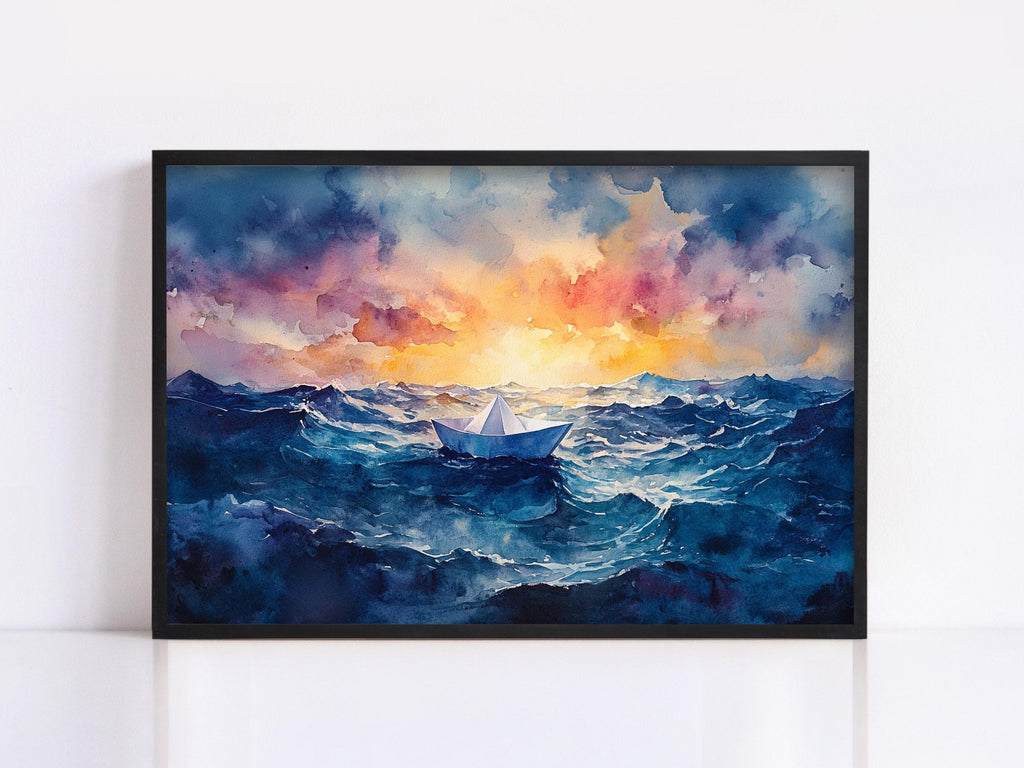 A framed painting depicting a small boat sailing on a stormy sea at sunset.