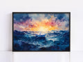 A framed painting depicting a small boat sailing on a stormy sea at sunset.