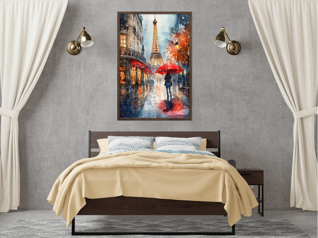 a bedroom with a large bed, a nightstand, and a framed painting of a rainy street scene with a person holding an umbrella.