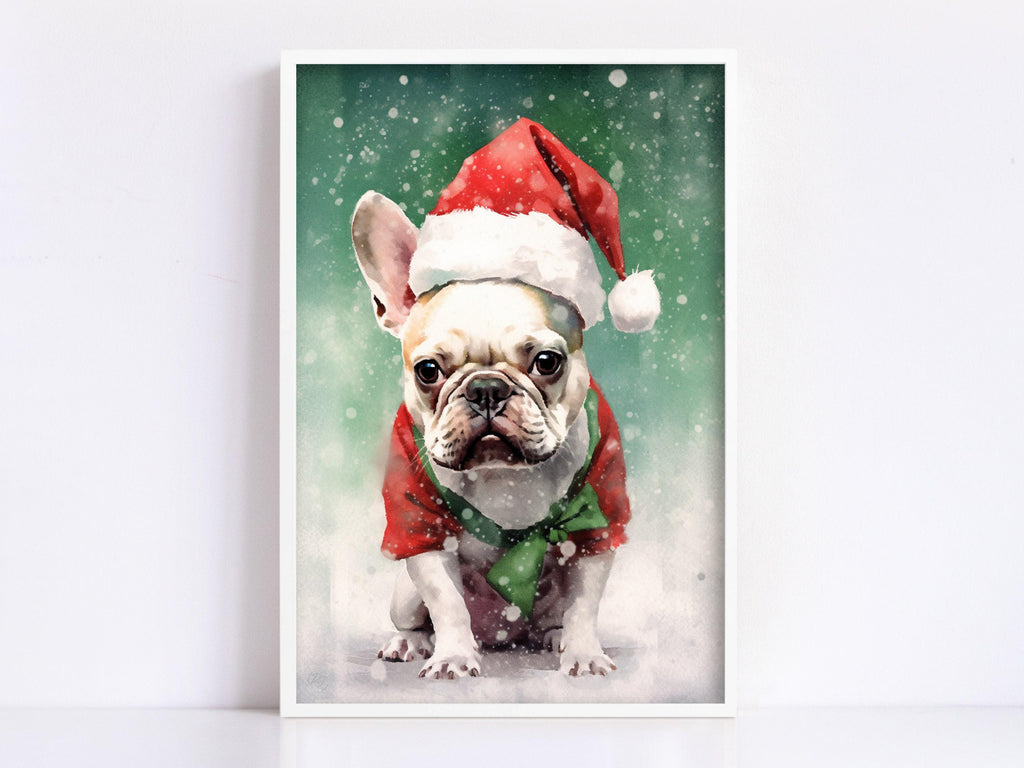 Festive French Bulldog in Santa Hat Watercolor Art, Giclee Print on Canvas, Artist Paper, Watercolor Paper, Available in Extra Large Sizes