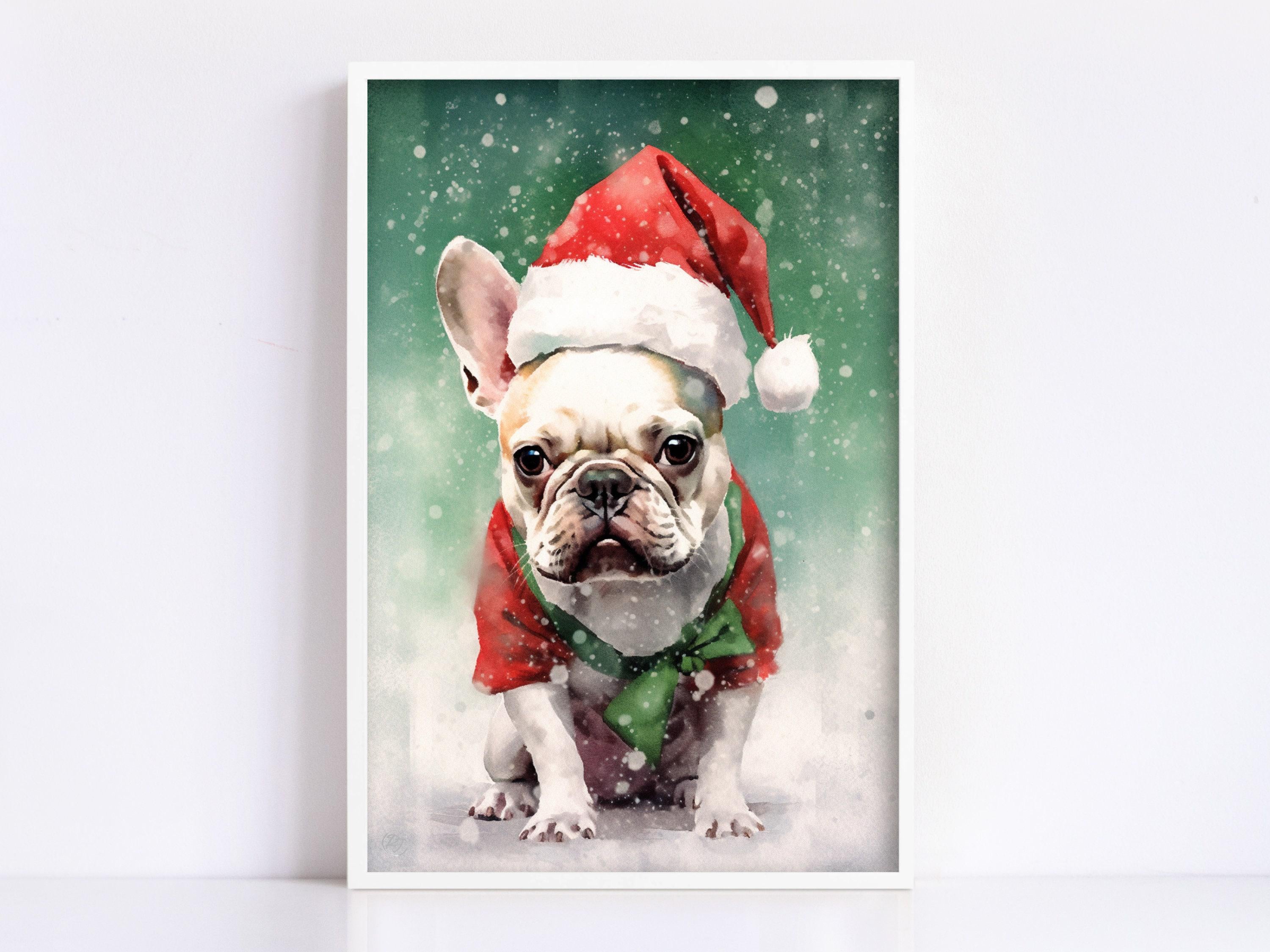 Festive French Bulldog in Santa Hat Watercolor Art, Giclee Print on Canvas, Artist Paper, Watercolor Paper, Available in Extra Large Sizes