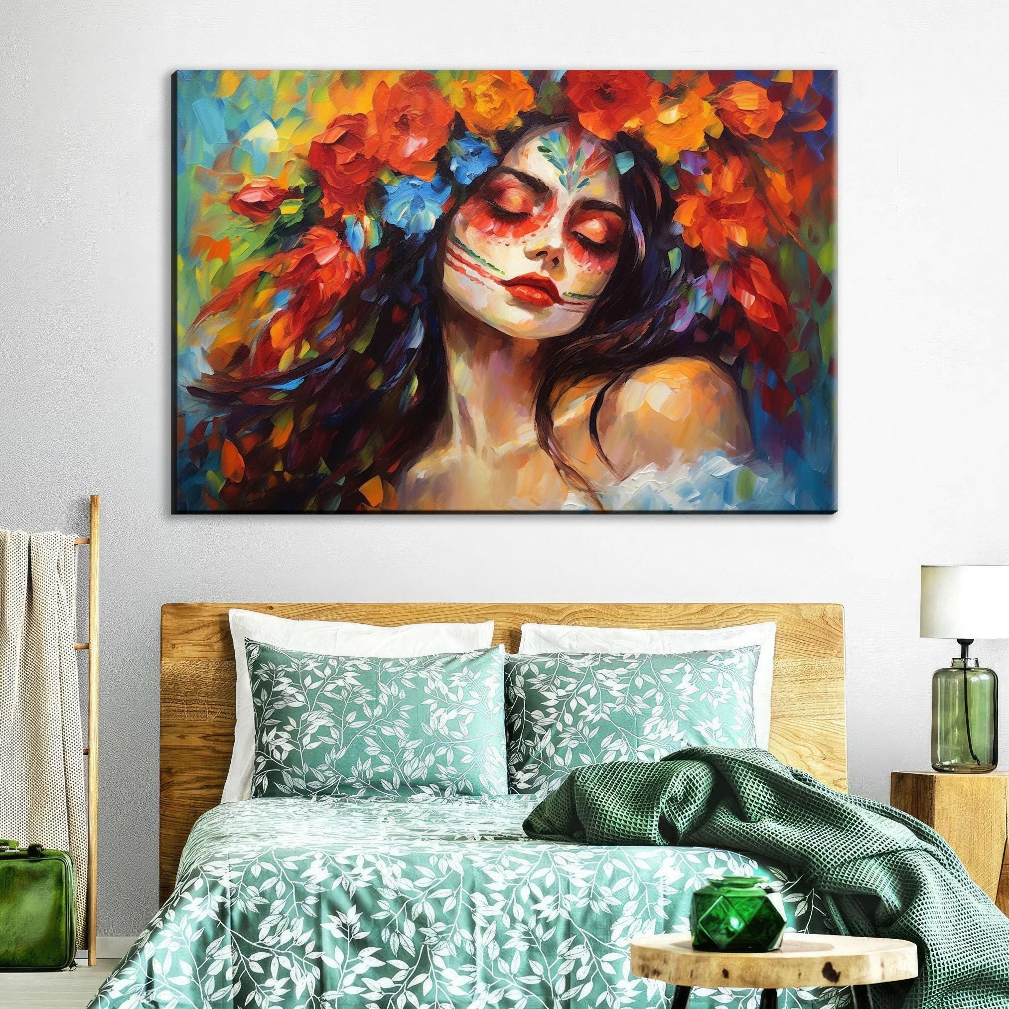 Day of the Dead Canvas – Vibrant Sugar Skull Art on Gallery Wrapped Large Wall Canvas