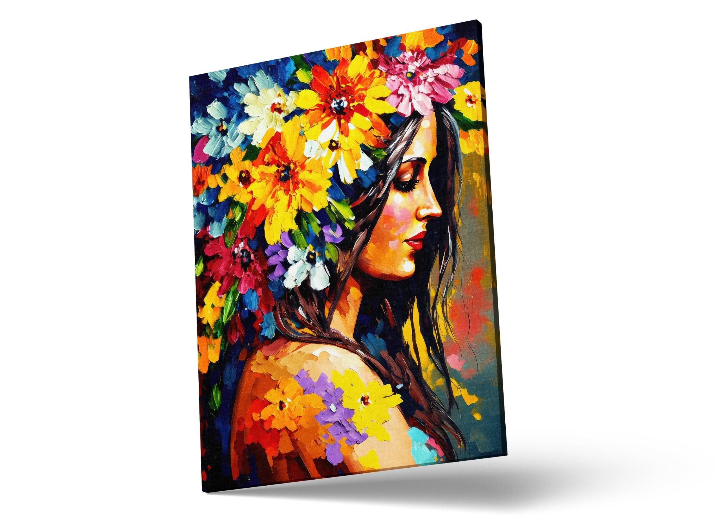Floral Portrait Canvas - Woman Flower Hair Large Canvas Print | Feminine Home Decor