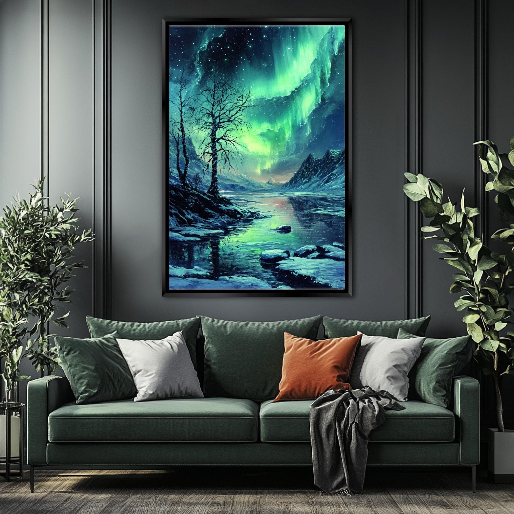 a living room with a couch and a painting on the wall