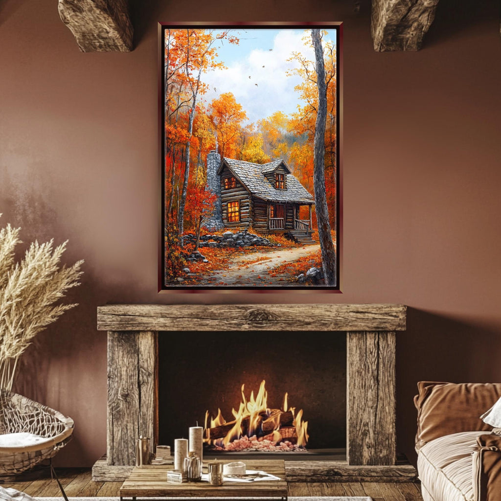 a cozy fireplace with a painting of a cabin in the background, creating a warm and inviting atmosphere.