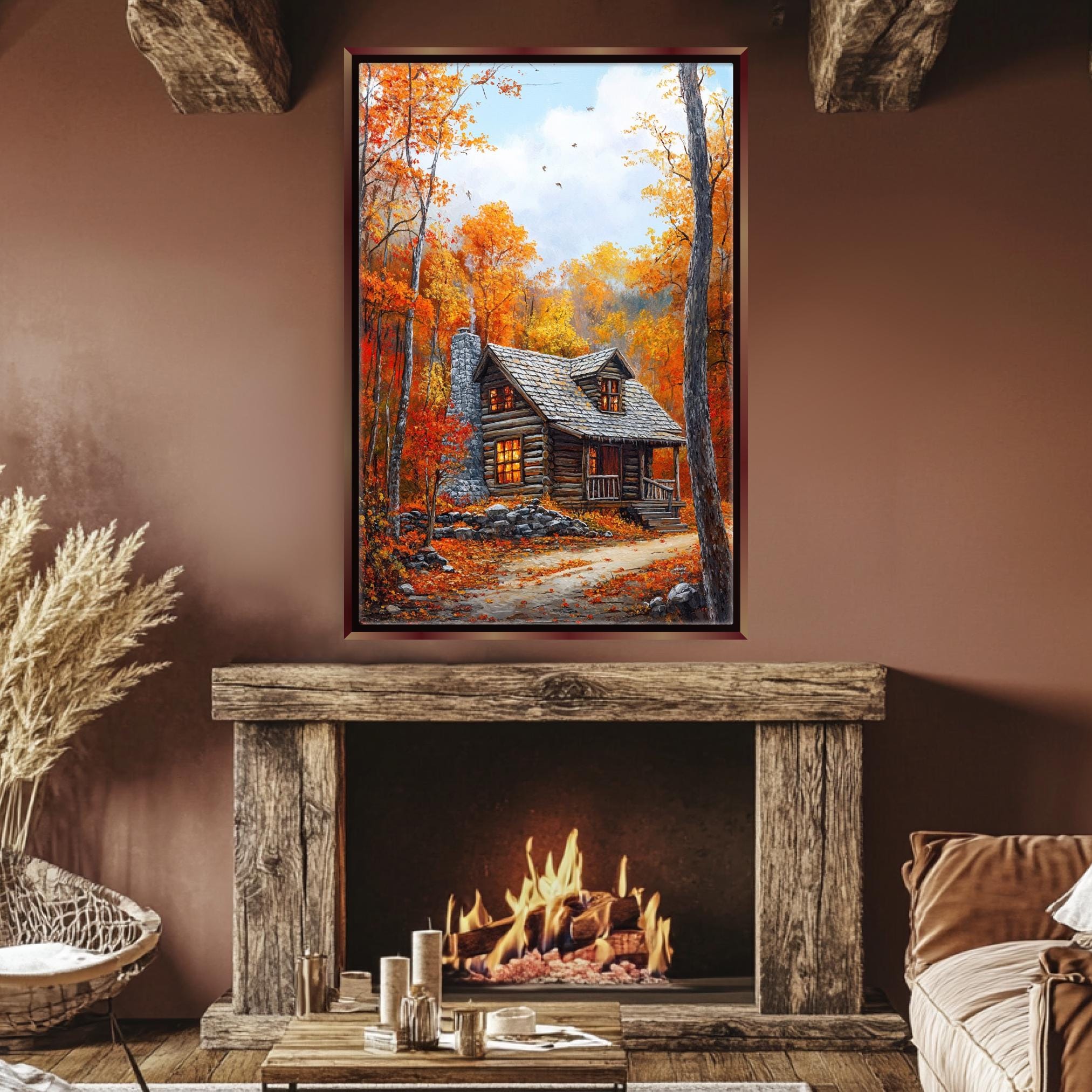 a cozy fireplace with a painting of a cabin in the background, creating a warm and inviting atmosphere.