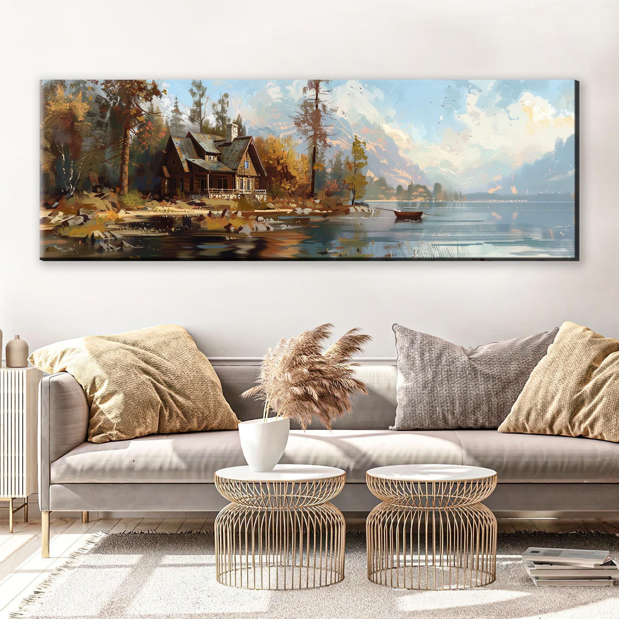 a living room with a couch and a painting on the wall