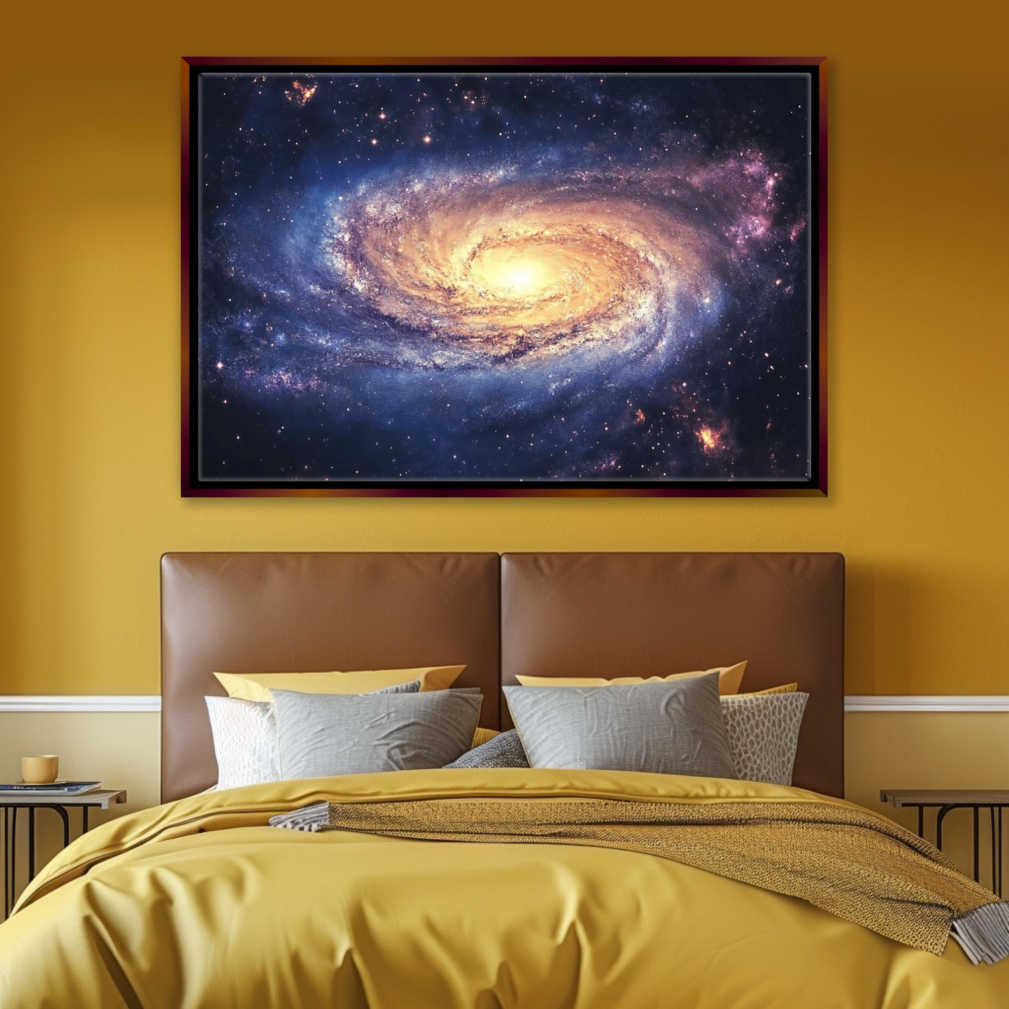 a bedroom with a bed and a painting on the wall