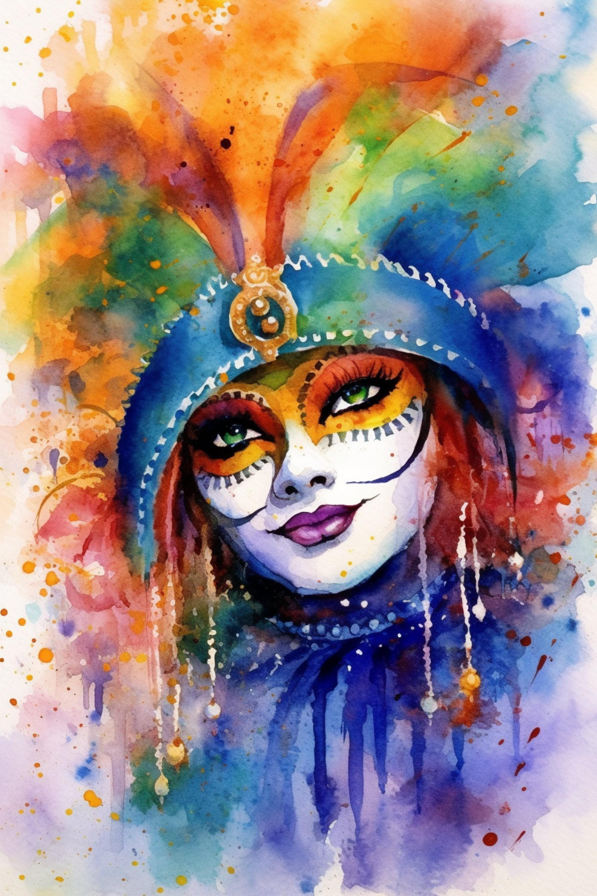 Mardi Gras Masked Woman Watercolor – NOLA Carnival Art, Print on Canvas, Artist Paper, Watercolor Paper, Available in Extra Large Sizes
