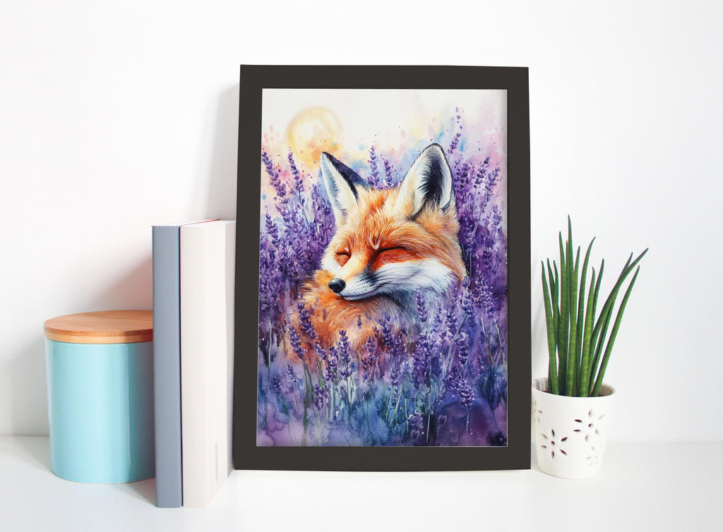 a framed painting of a fox resting in a field of purple flowers, with a blue and white book and a white vase with a green plant on a white shelf.