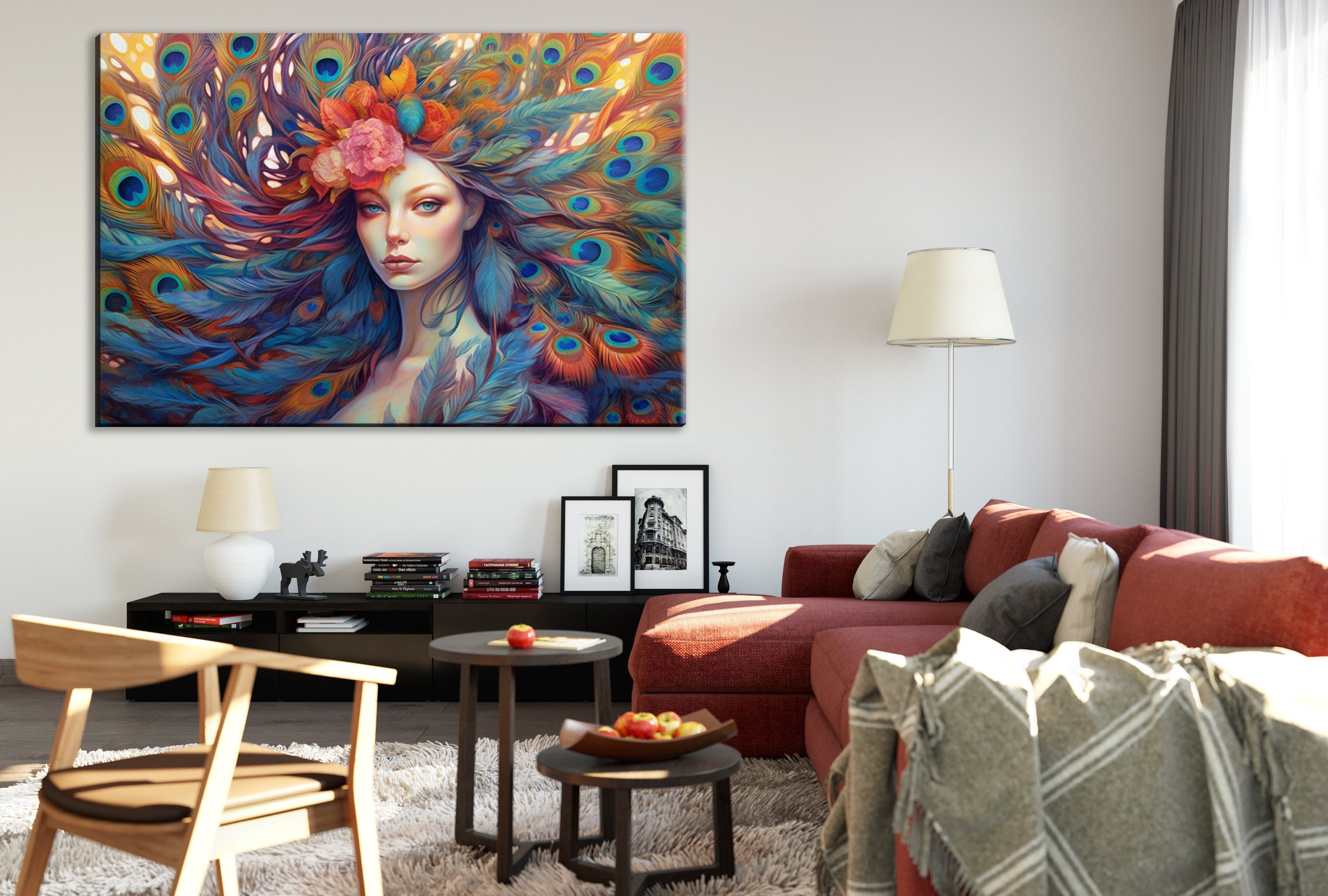 Peacock Feather Canvas | Large Canvas Print of Female Portrait Art with Vibrant Color