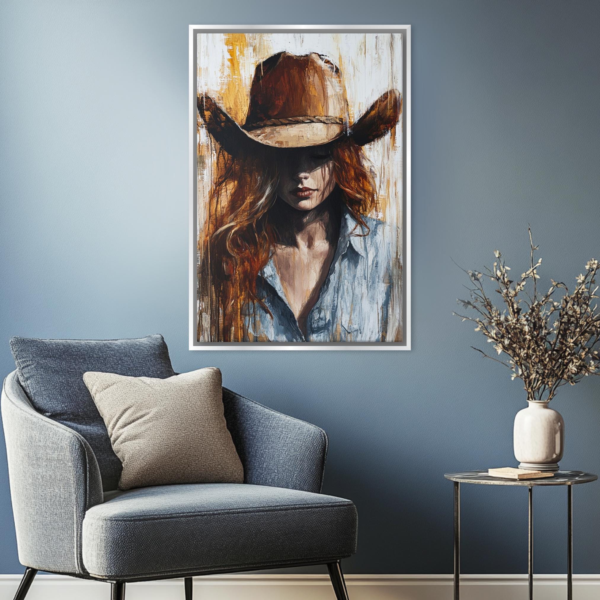 a painting of a woman wearing a cowboy hat