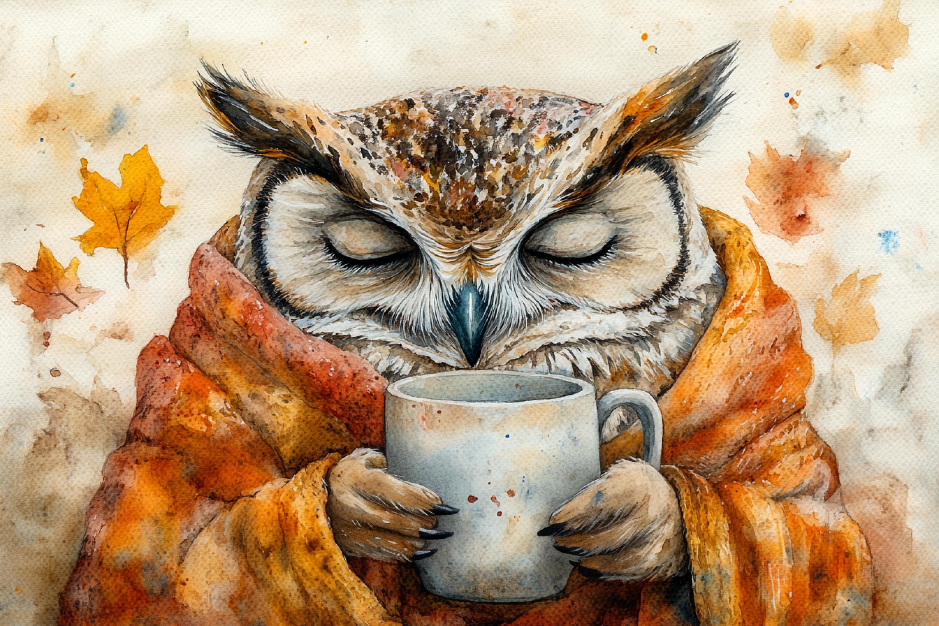 An owl wrapped in a blanket is holding a mug, appearing to be in a relaxed and comfortable position.