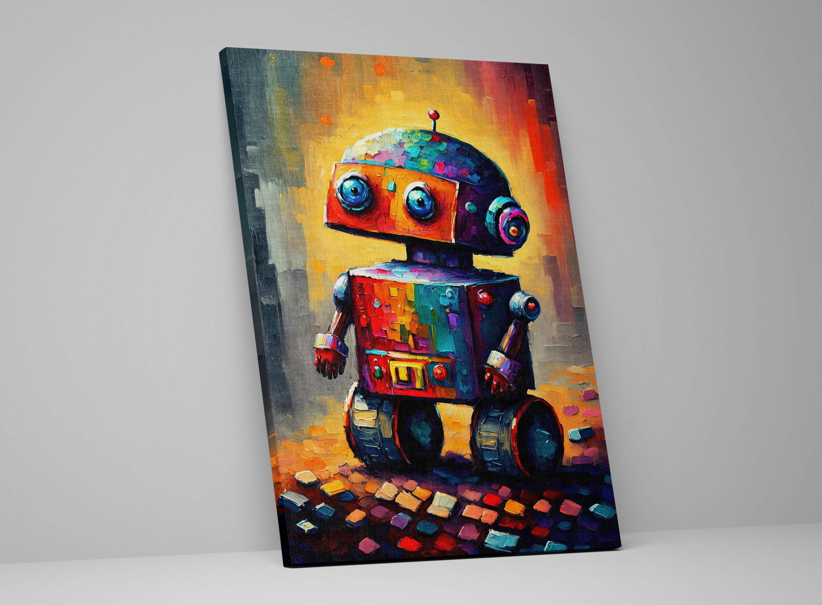 Kids Robot Wall Art - Colorful Robot Art Print on Lightweight Stretched Canvas
