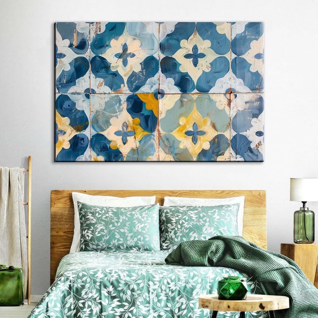 Farmhouse Wall Art – Blue Yellow Canvas Floral Tile Print on Gallery Wrapped Canvas