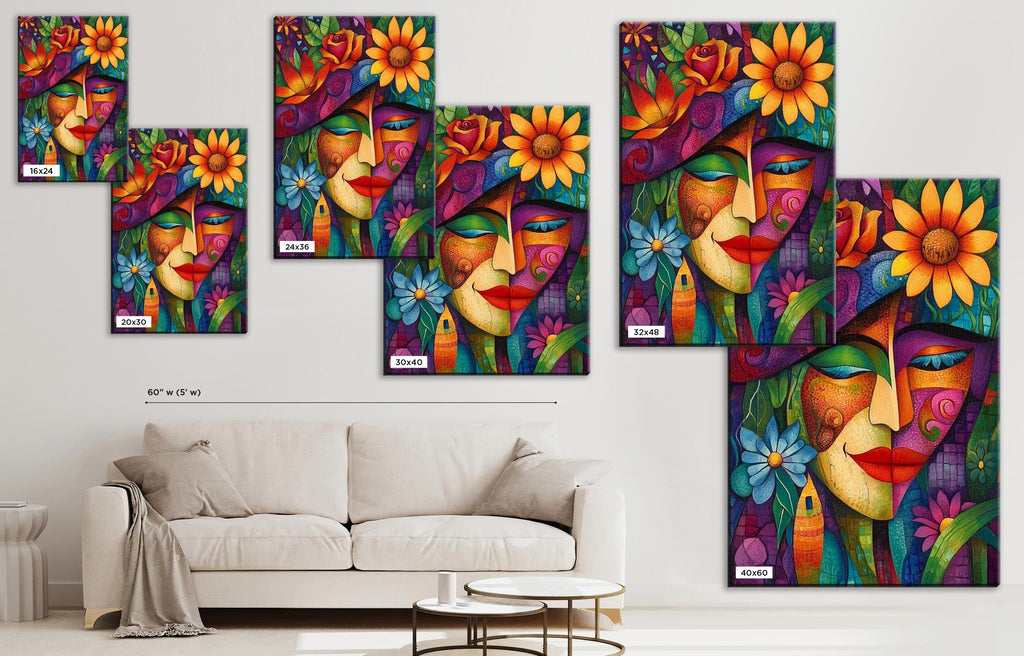 a painting of a woman's face surrounded by sunflowers