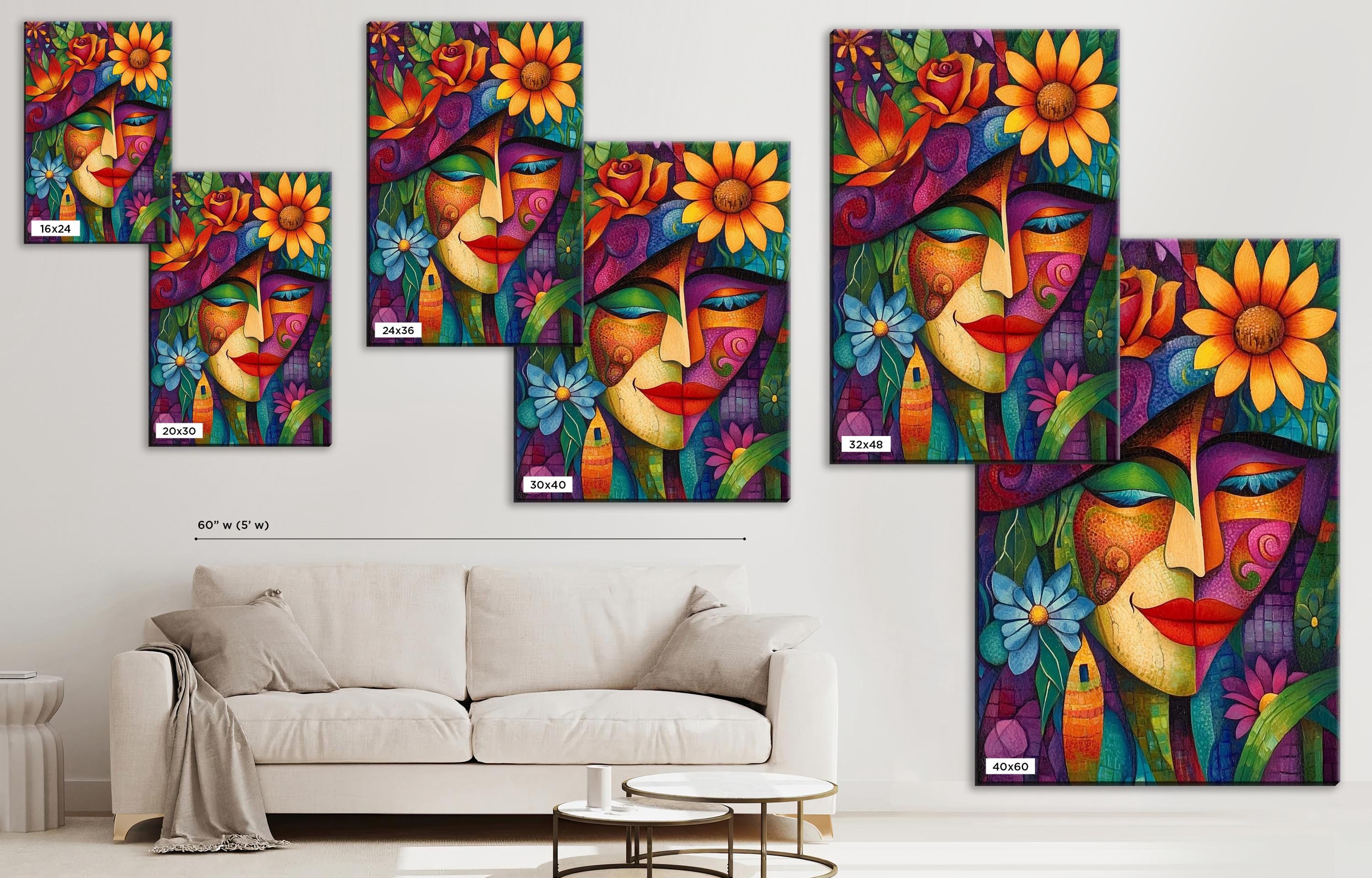 a painting of a woman's face surrounded by sunflowers
