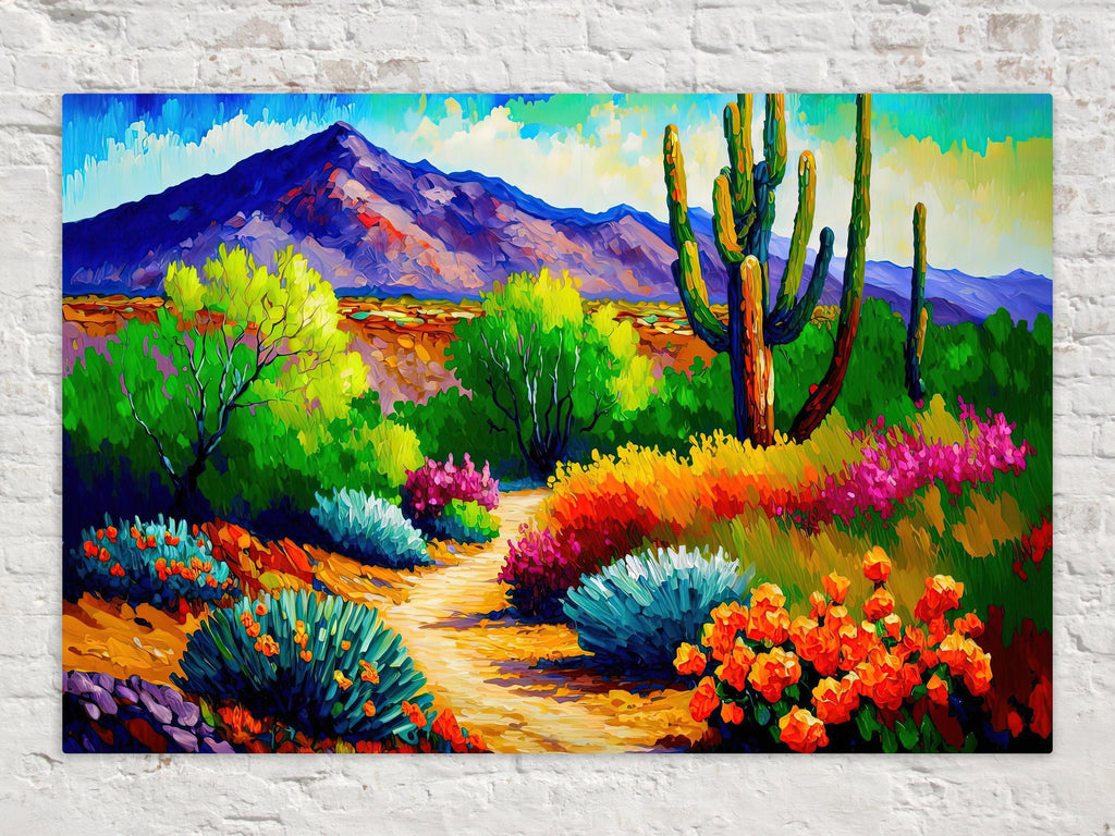 A vibrant and colorful desert landscape painting featuring a winding path surrounded by a variety of desert plants, flowers, and mountains in the background.