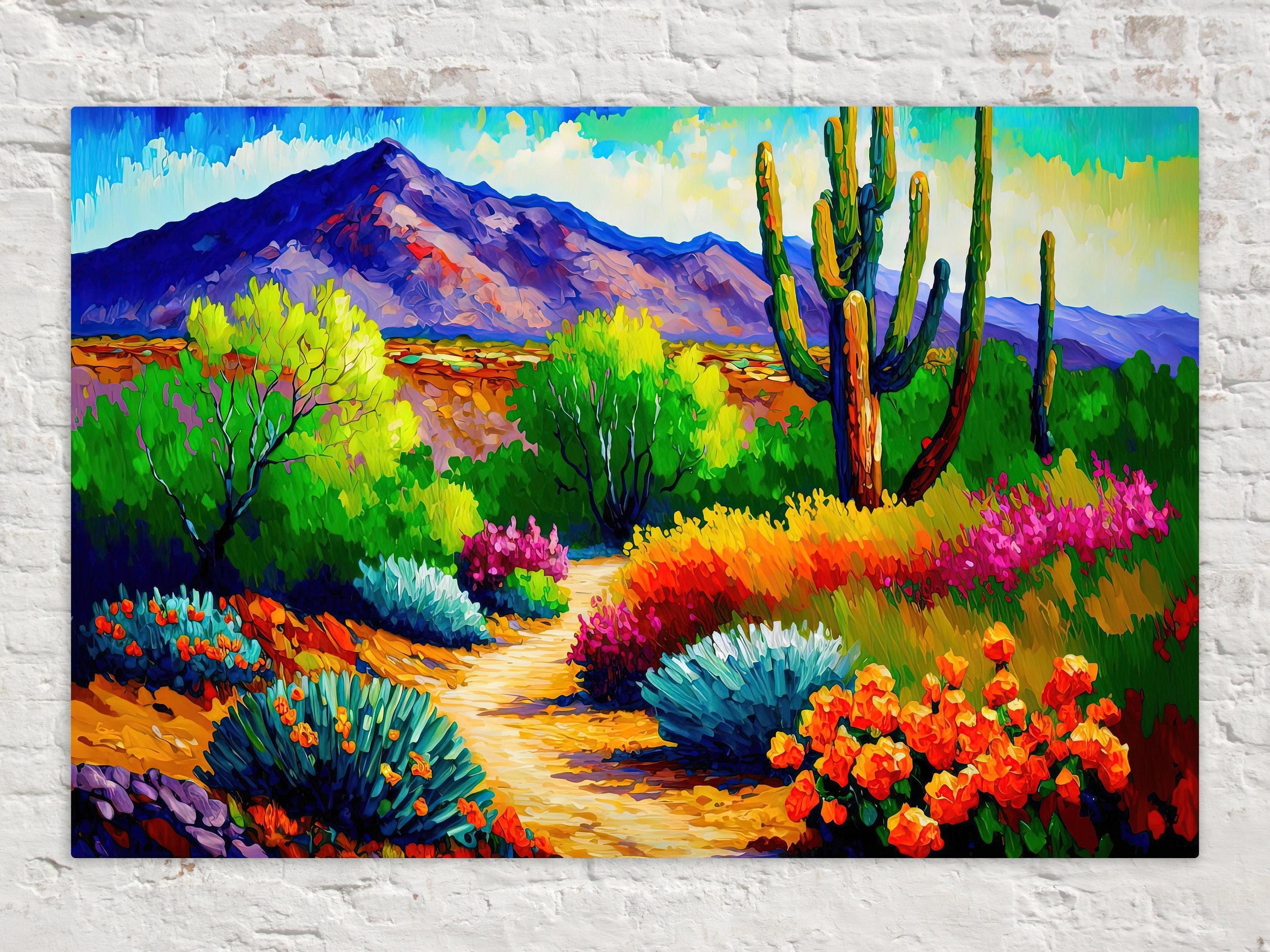 A vibrant and colorful desert landscape painting featuring a winding path surrounded by a variety of desert plants, flowers, and mountains in the background.