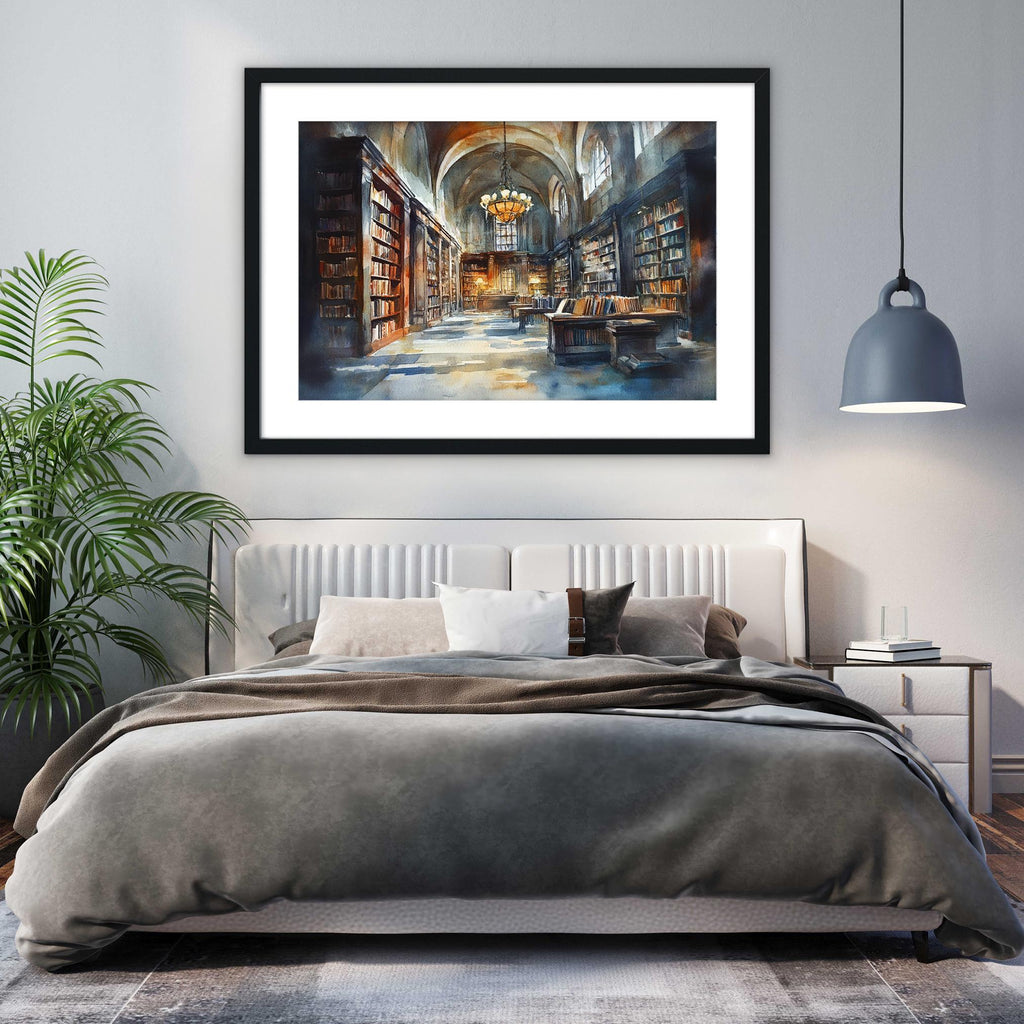 a serene and cozy bedroom scene, featuring a large bed with a gray comforter and a white headboard, flanked by a nightstand and a potted plant. Above the bed, a framed painting of a library or bookcase adds an artistic touch to the room's decor.