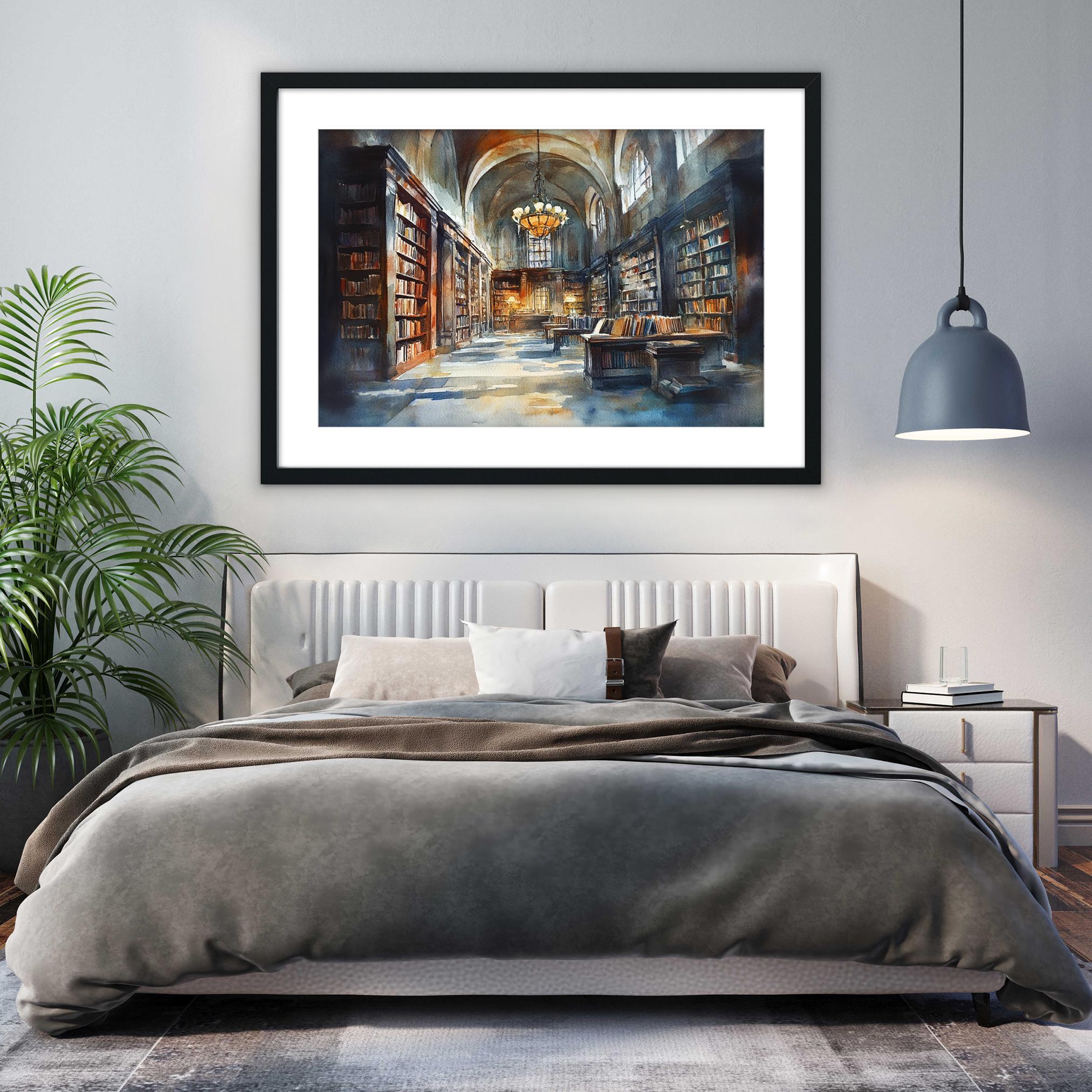 a serene and cozy bedroom scene, featuring a large bed with a gray comforter and a white headboard, flanked by a nightstand and a potted plant. Above the bed, a framed painting of a library or bookcase adds an artistic touch to the room's decor.