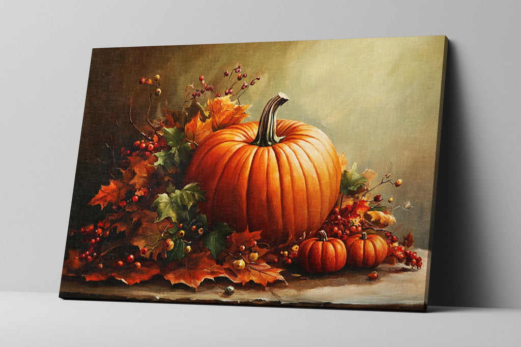 a large orange pumpkin surrounded by autumn leaves, berries, and other fall-themed elements, creating a vibrant and festive scene.