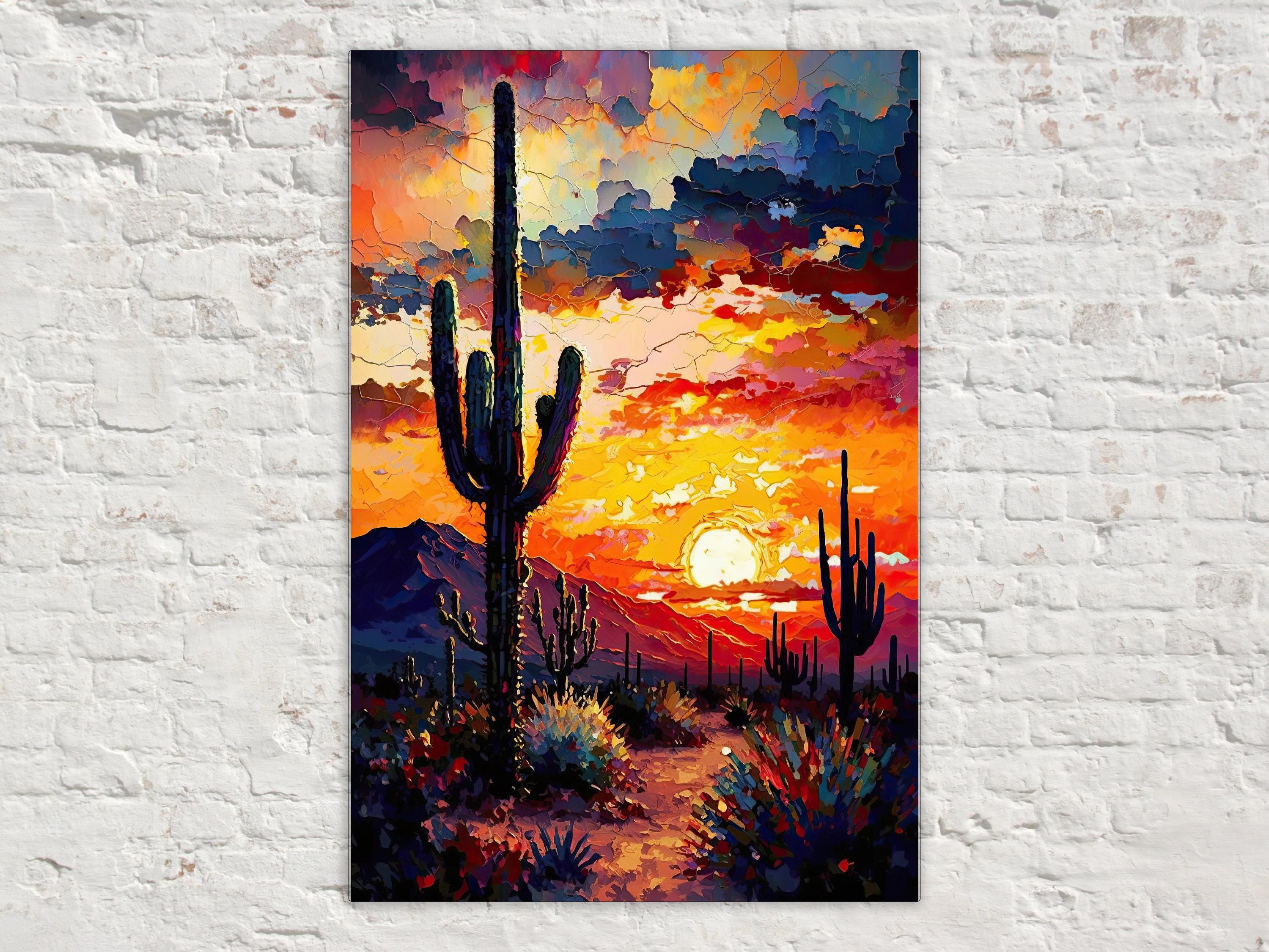 A vibrant desert landscape at sunset, with a cactus in the foreground and a mountain range in the background. The sky is filled with warm, colorful hues, creating a dramatic and serene atmosphere.