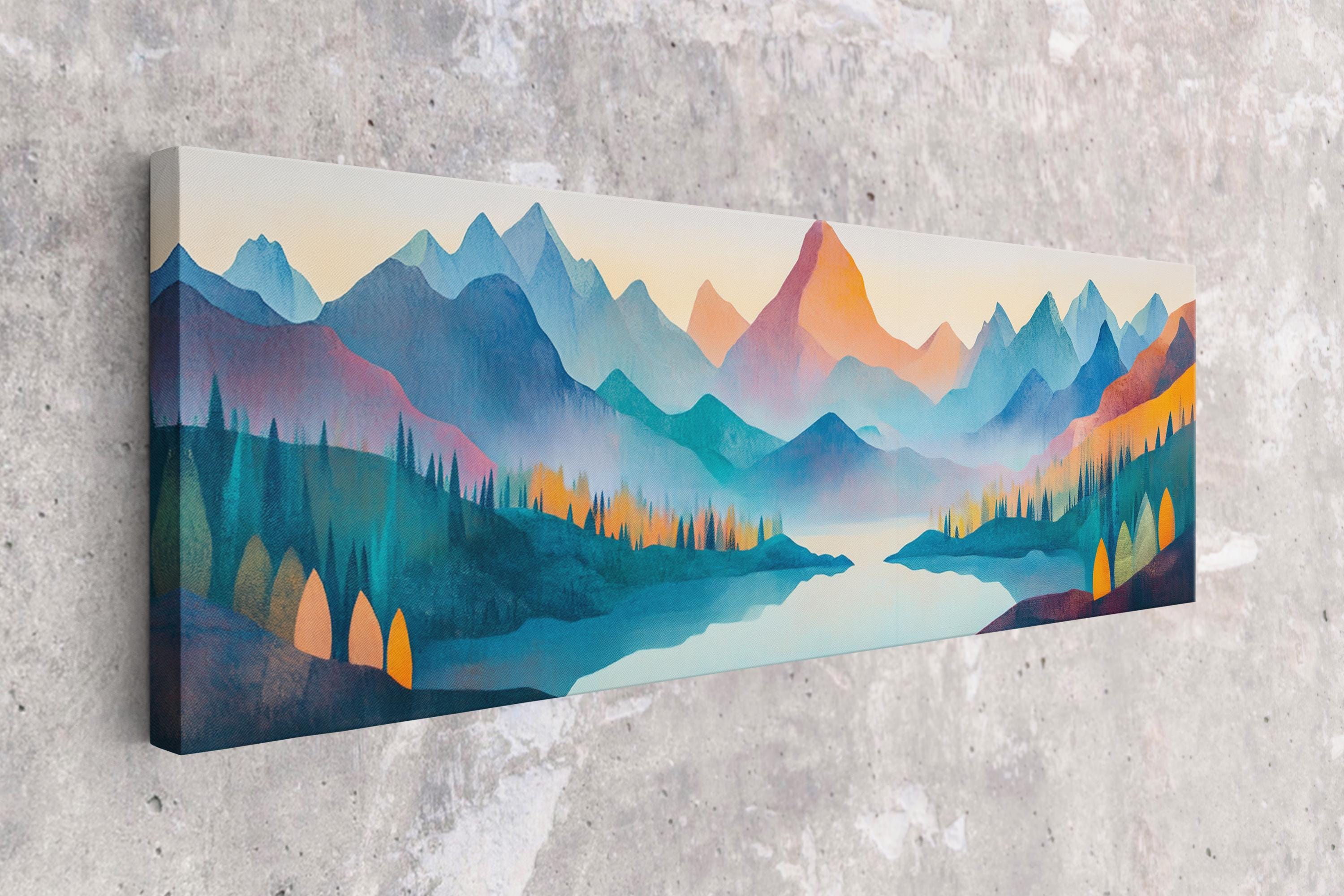 a painting on a wall of a mountain lake